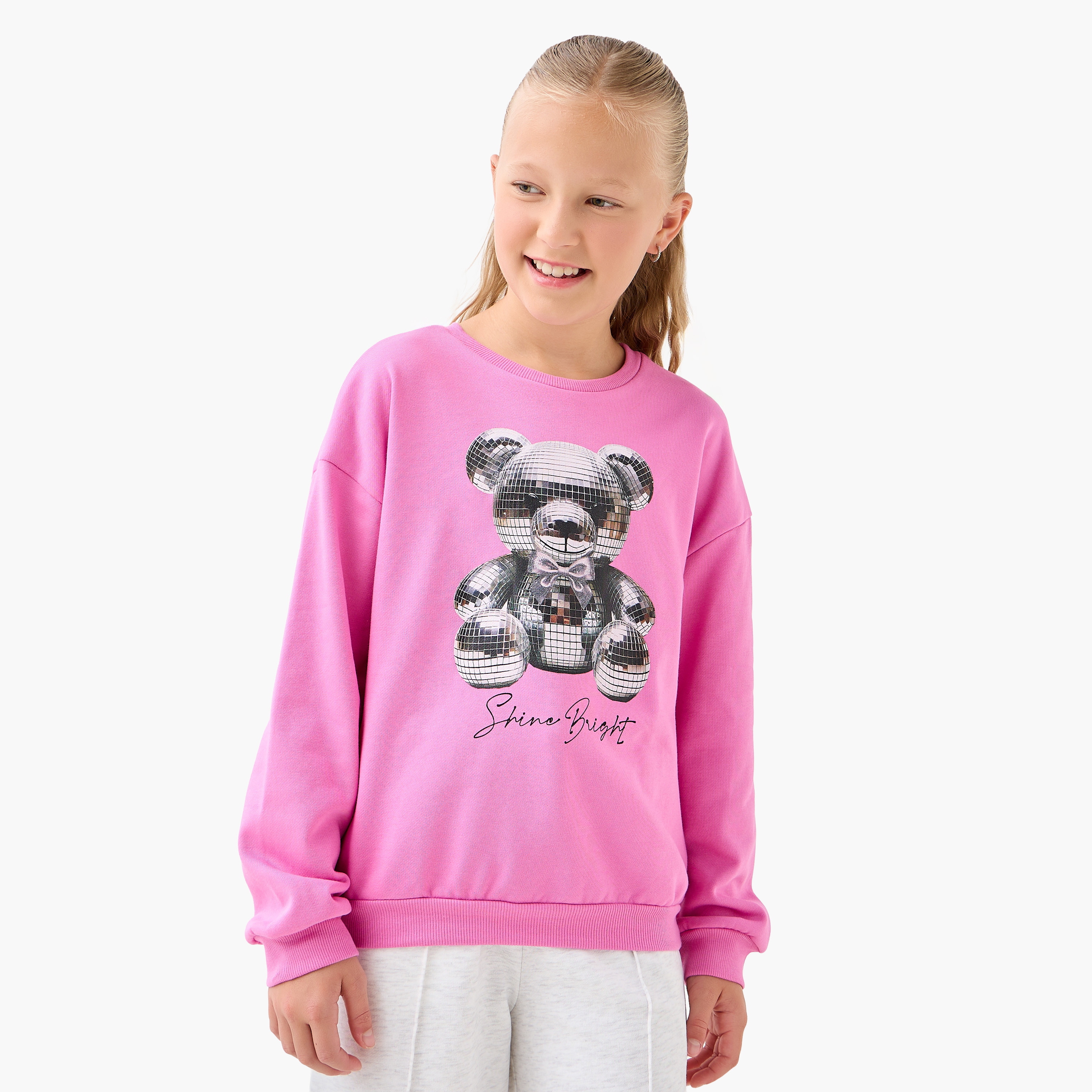 Juniors Girls Crew Neck Sweatshirt with Teddy Bear Print - Cotton - Long Sleeves-girls-clothing-sweatshirts-image-1