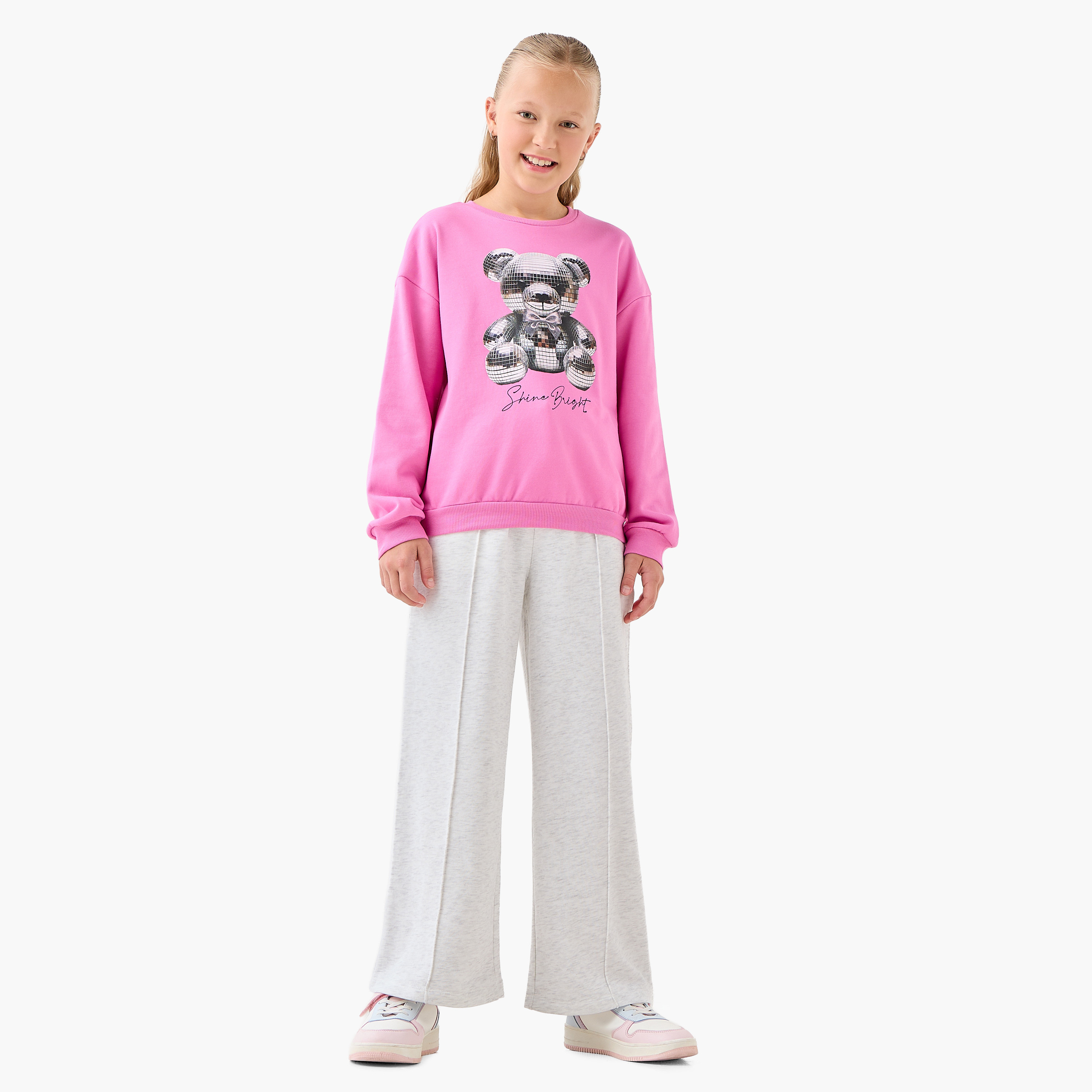 Juniors Girls Crew Neck Sweatshirt with Teddy Bear Print - Cotton - Long Sleeves-girls-clothing-sweatshirts-image-2