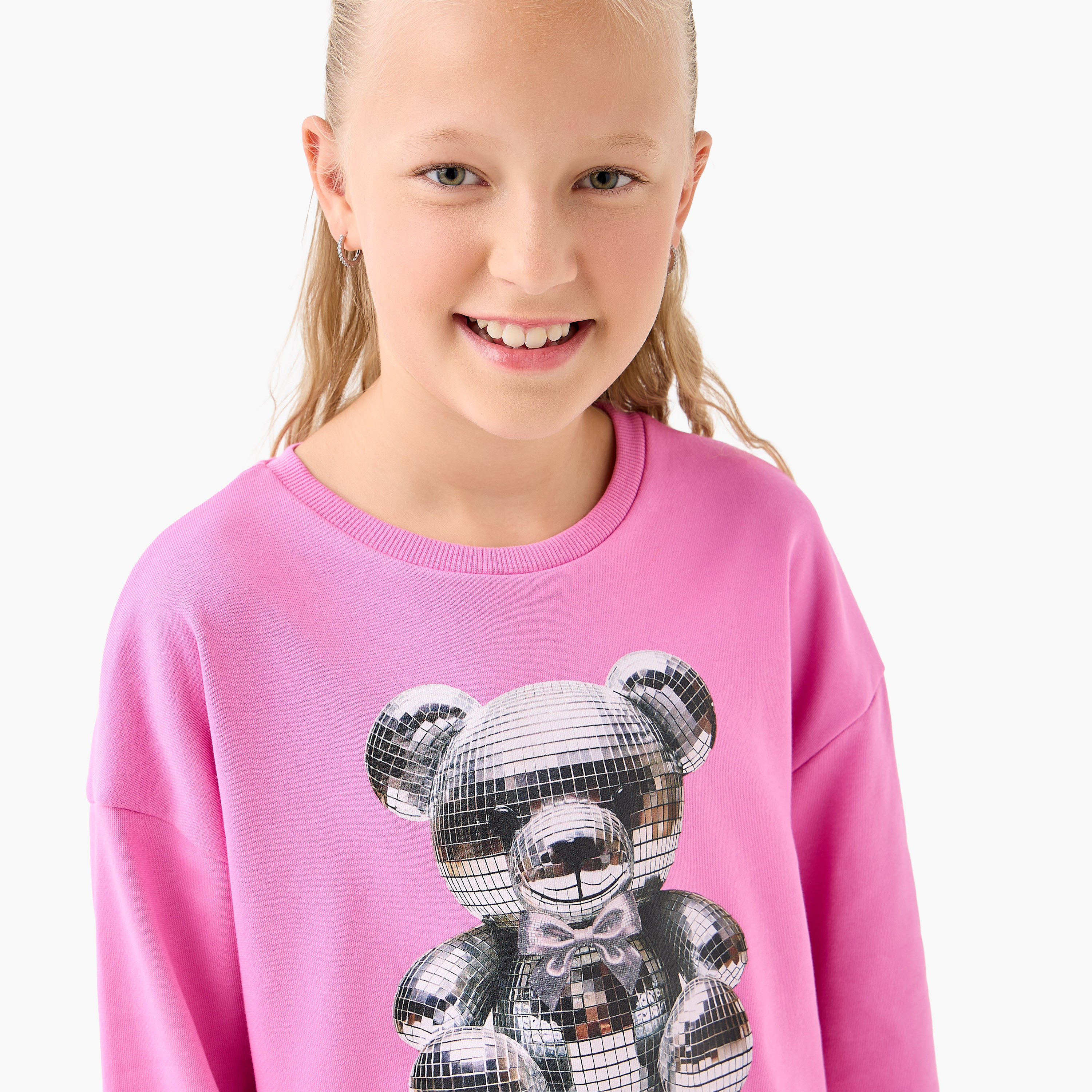 Juniors Girls Crew Neck Sweatshirt with Teddy Bear Print - Cotton - Long Sleeves-girls-clothing-sweatshirts-image-4