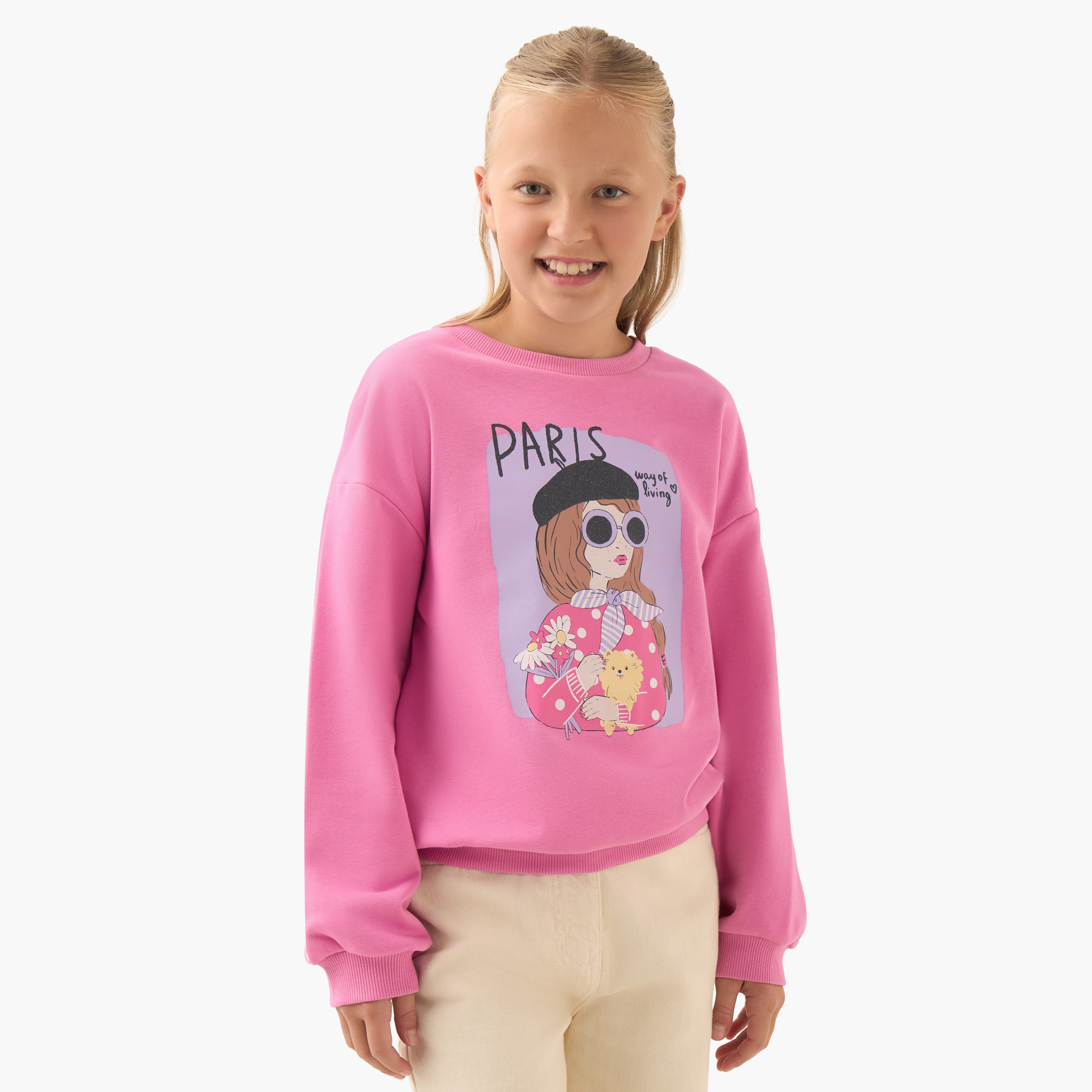 Juniors Graphic Print Sweatshirt with Long Sleeves-girls-clothing-winterwear-sweatshirts-image-1