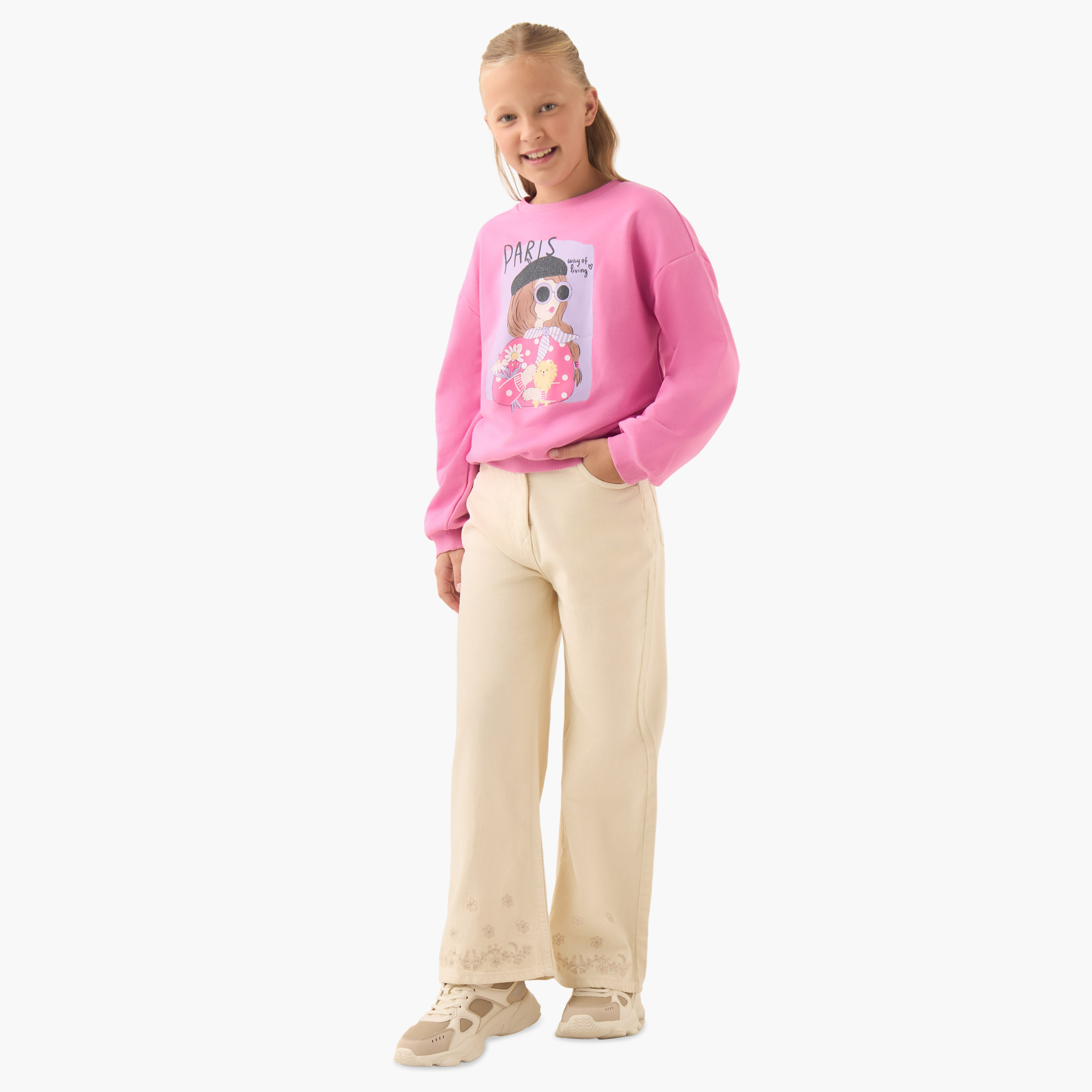 Juniors Graphic Print Sweatshirt with Long Sleeves-girls-clothing-winterwear-sweatshirts-image-2