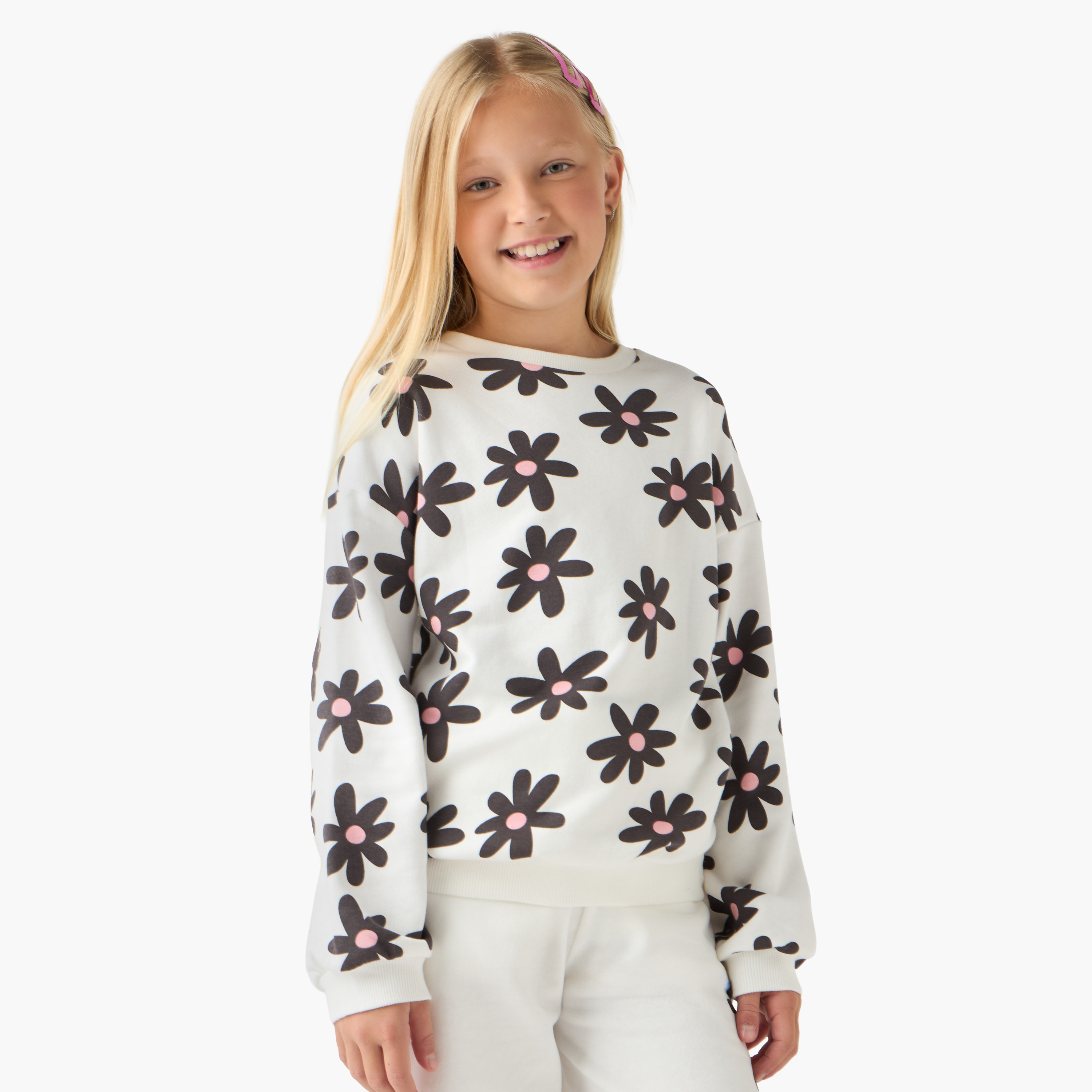 Juniors Floral Print Sweatshirt with Long Sleeves-girls-clothing-winterwear-sweatshirts-image-1