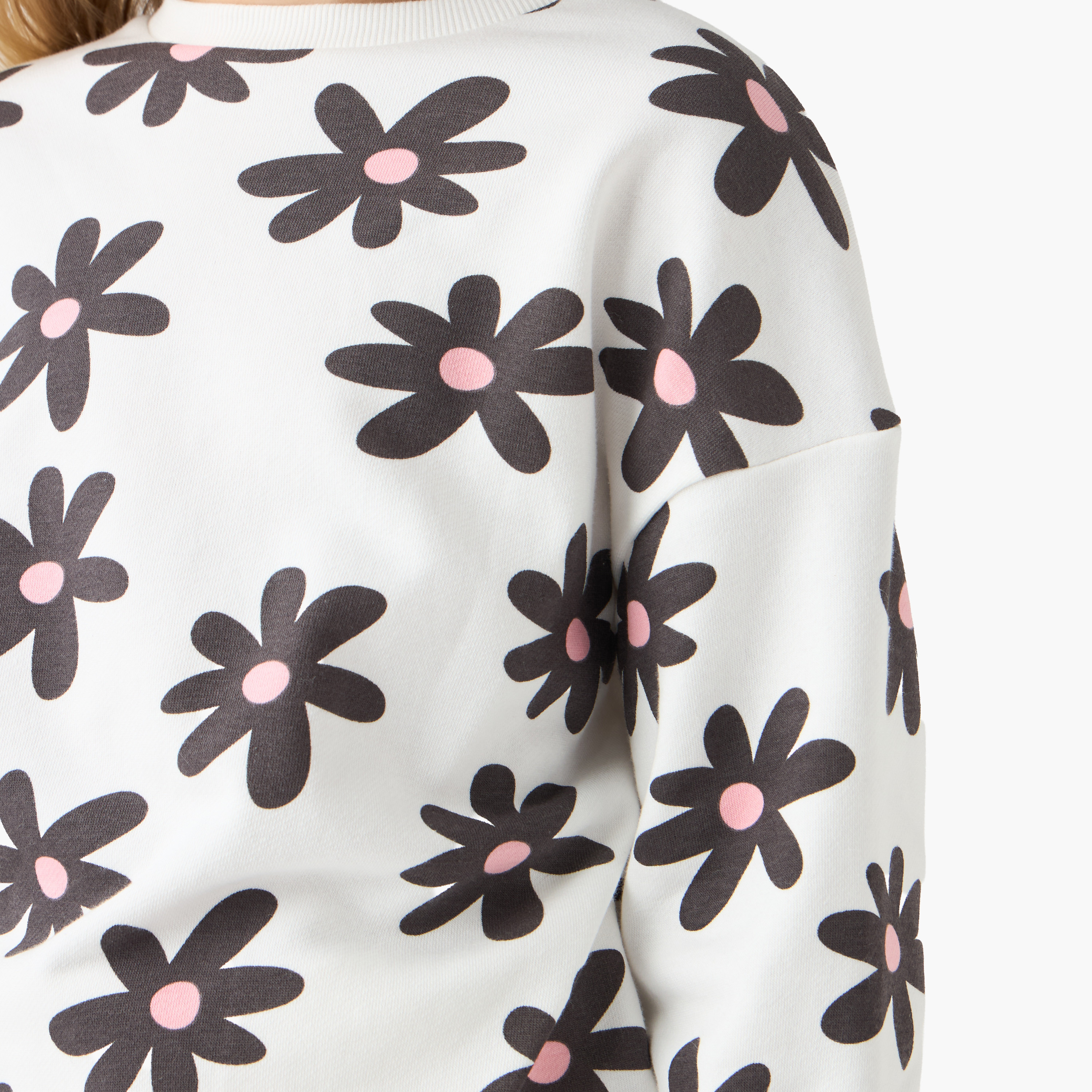 Juniors Floral Print Sweatshirt with Long Sleeves-girls-clothing-winterwear-sweatshirts-image-5