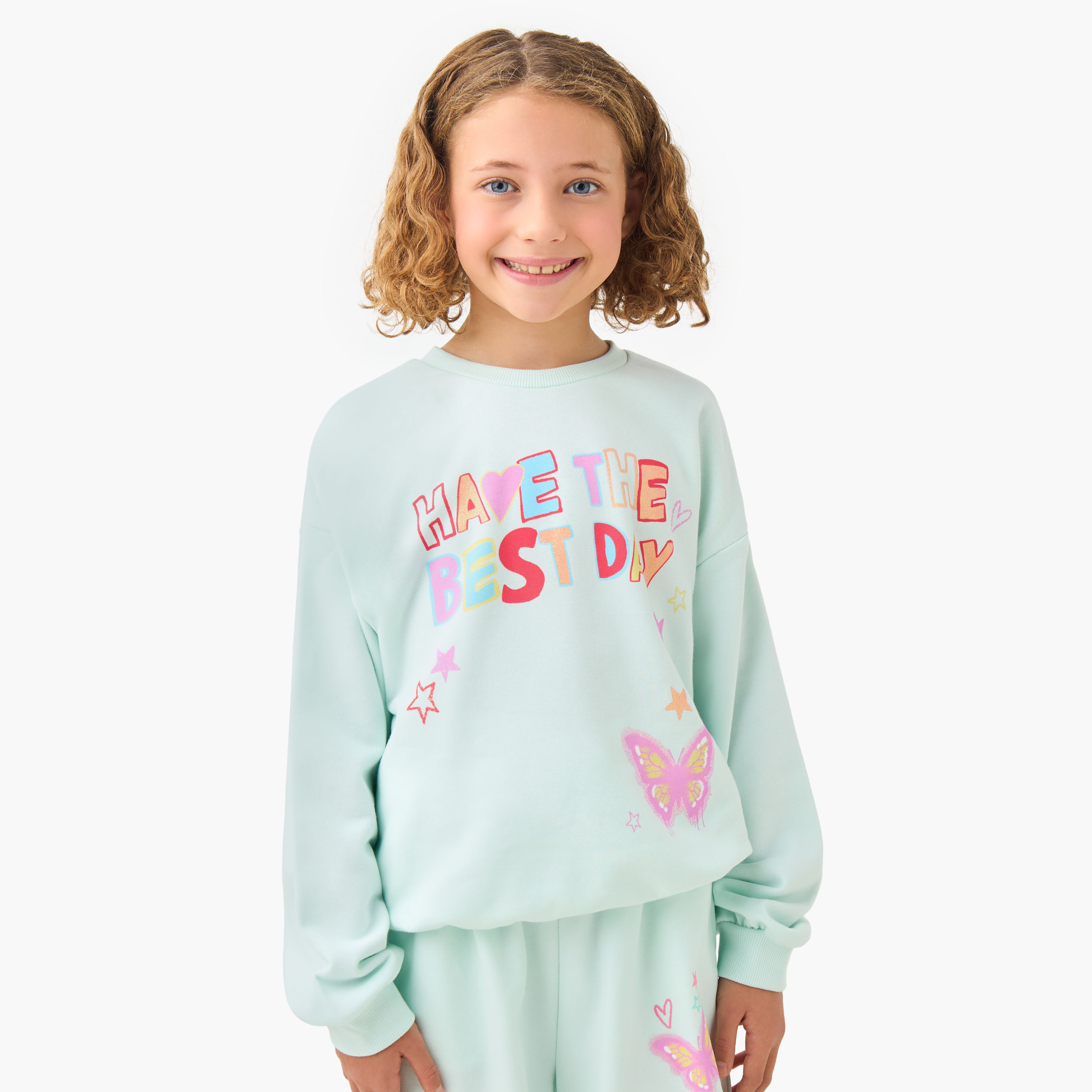 Juniors Girls Crew Neck Sweatshirt with Slogan Print - Cotton - Long Sleeves-girls-clothing-sweatshirts-image-1