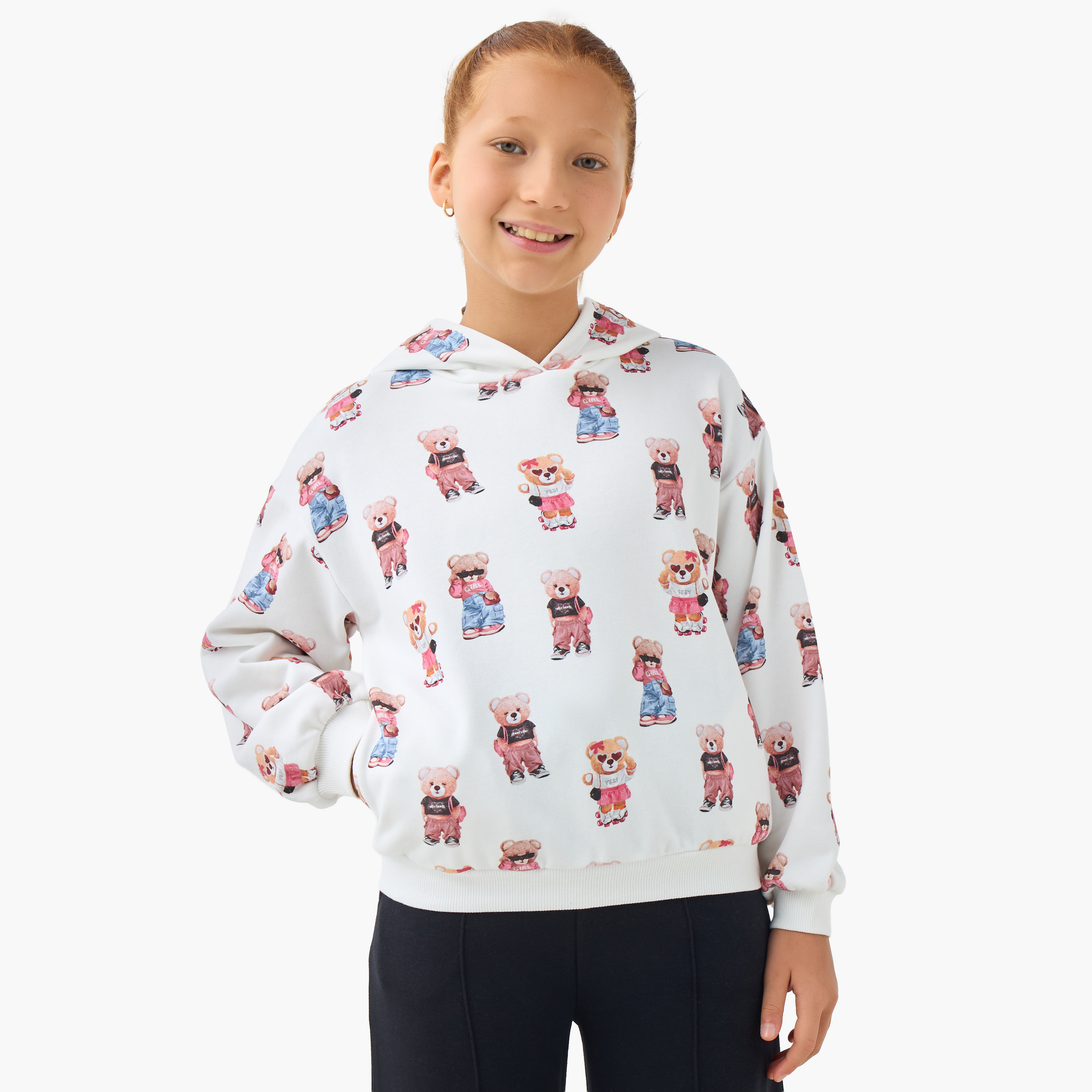 Juniors Girls Hooded Sweatshirt with Teddy Bear Print - Cotton - Long Sleeves-girls-clothing-sweatshirts-image-1