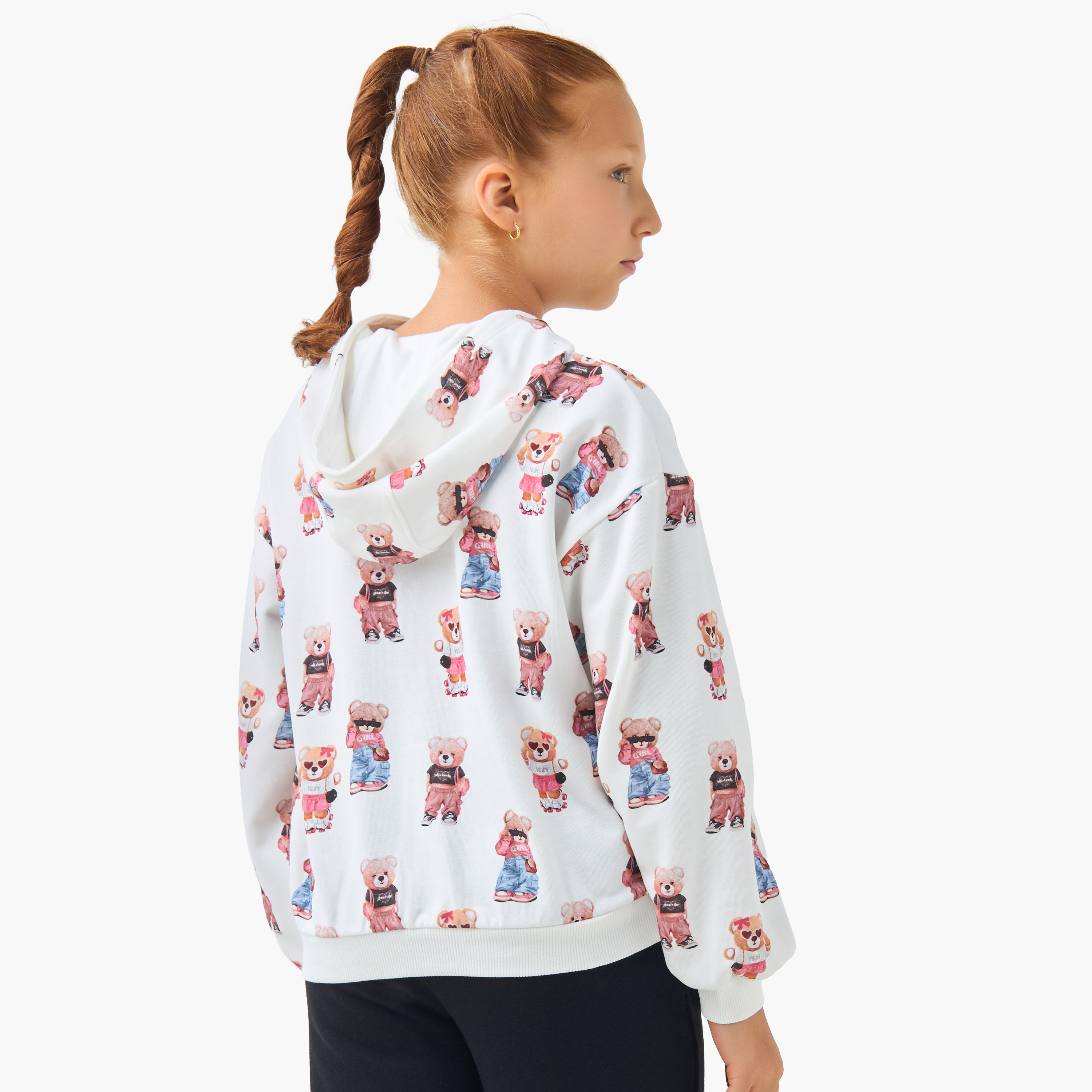 Juniors Girls Hooded Sweatshirt with Teddy Bear Print - Cotton - Long Sleeves-girls-clothing-sweatshirts-image-3