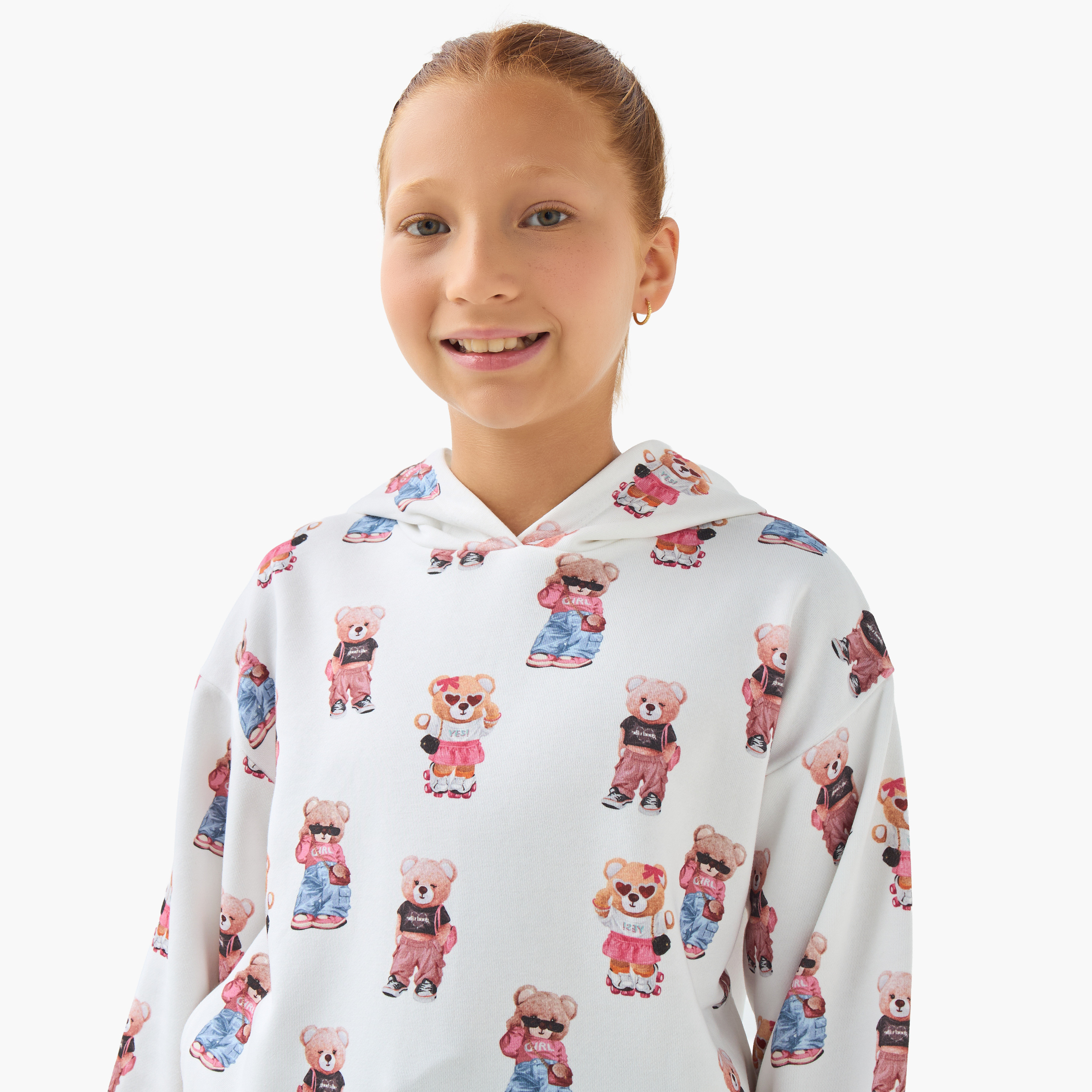 Juniors Girls Hooded Sweatshirt with Teddy Bear Print - Cotton - Long Sleeves-girls-clothing-sweatshirts-image-4