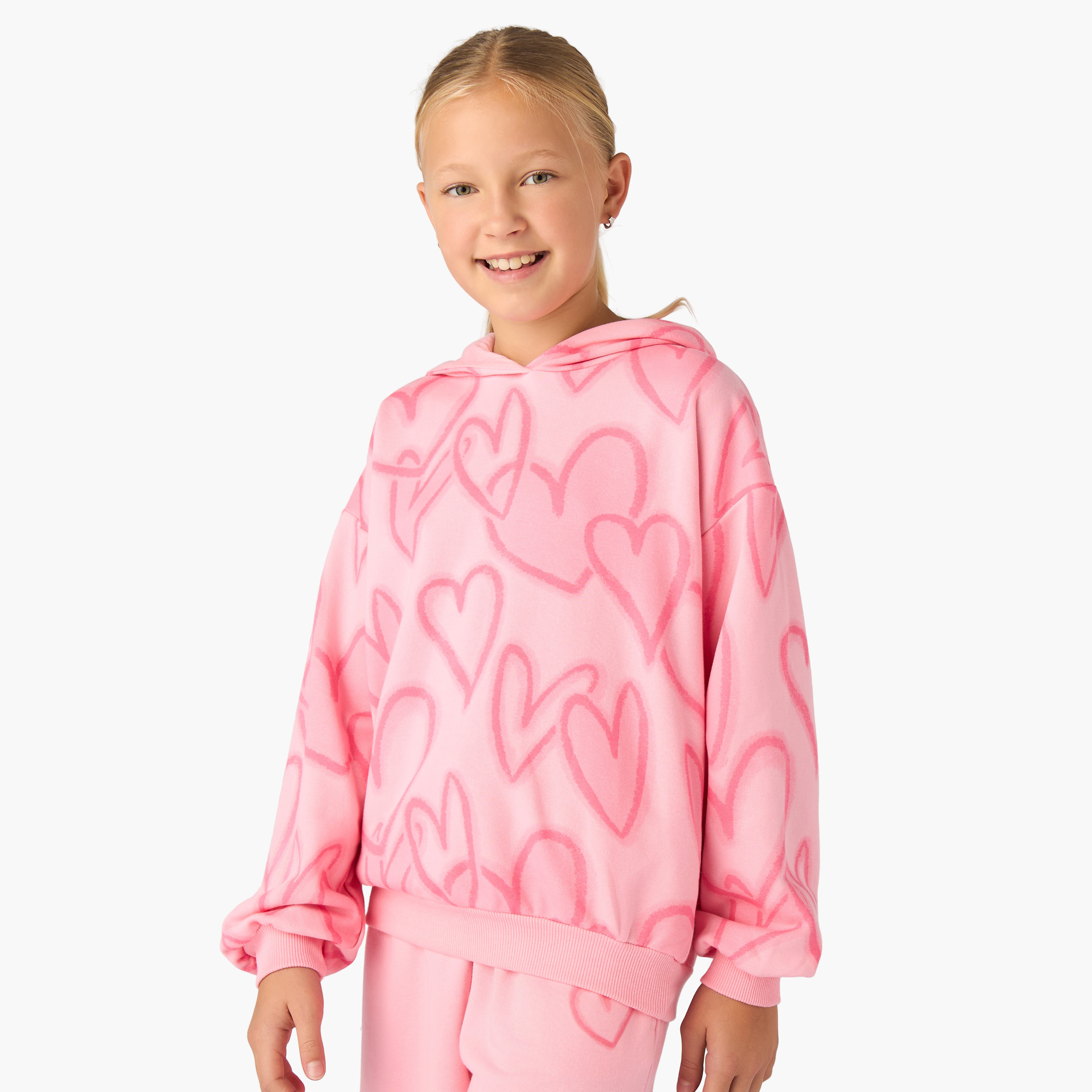 Juniors Girls Hooded Neck Sweatshirt with Heart Print - Cotton - Long Sleeves-girls-clothing-sweatshirts-image-1