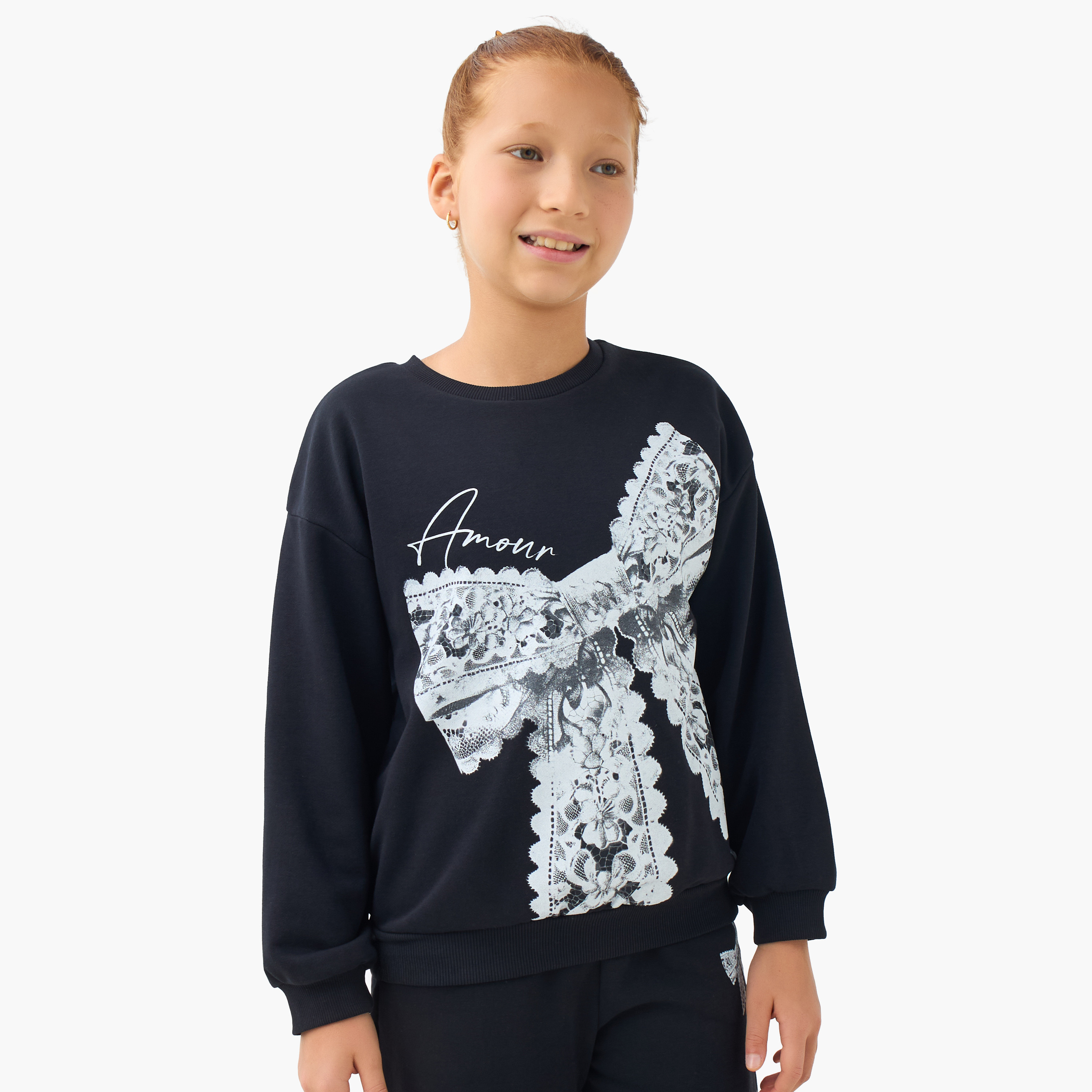 Juniors Girls Crew Neck Sweatshirt with Bow Print - Cotton - Long Sleeves-girls-clothing-sweatshirts-image-1