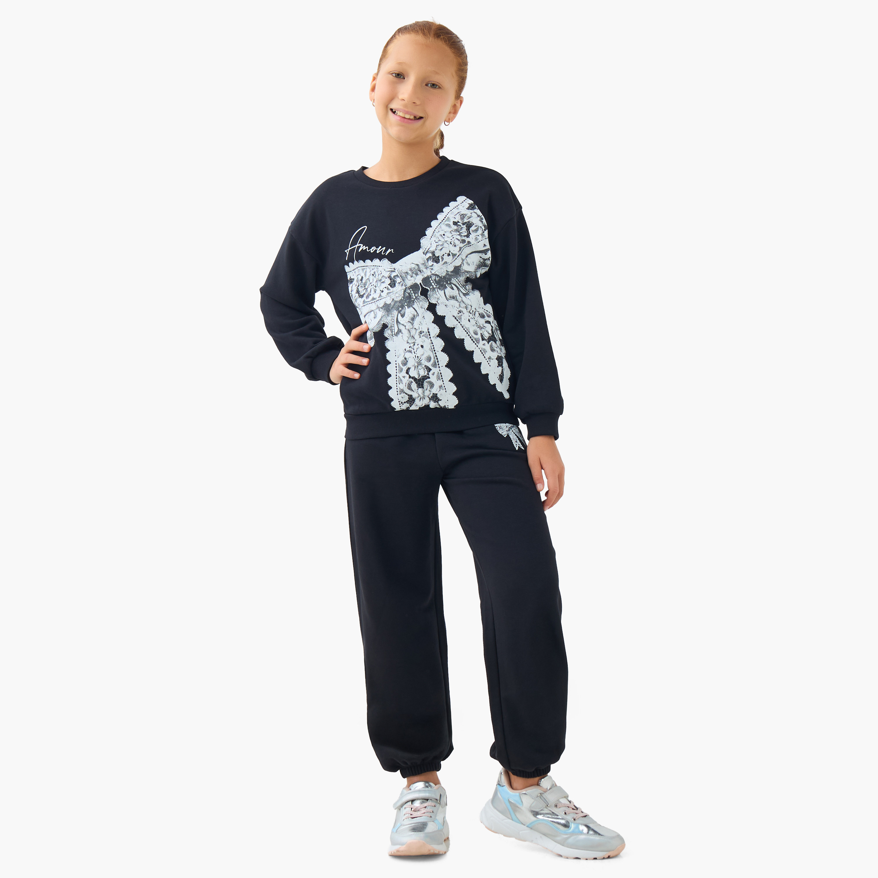 Juniors Girls Crew Neck Sweatshirt with Bow Print - Cotton - Long Sleeves-girls-clothing-sweatshirts-image-2