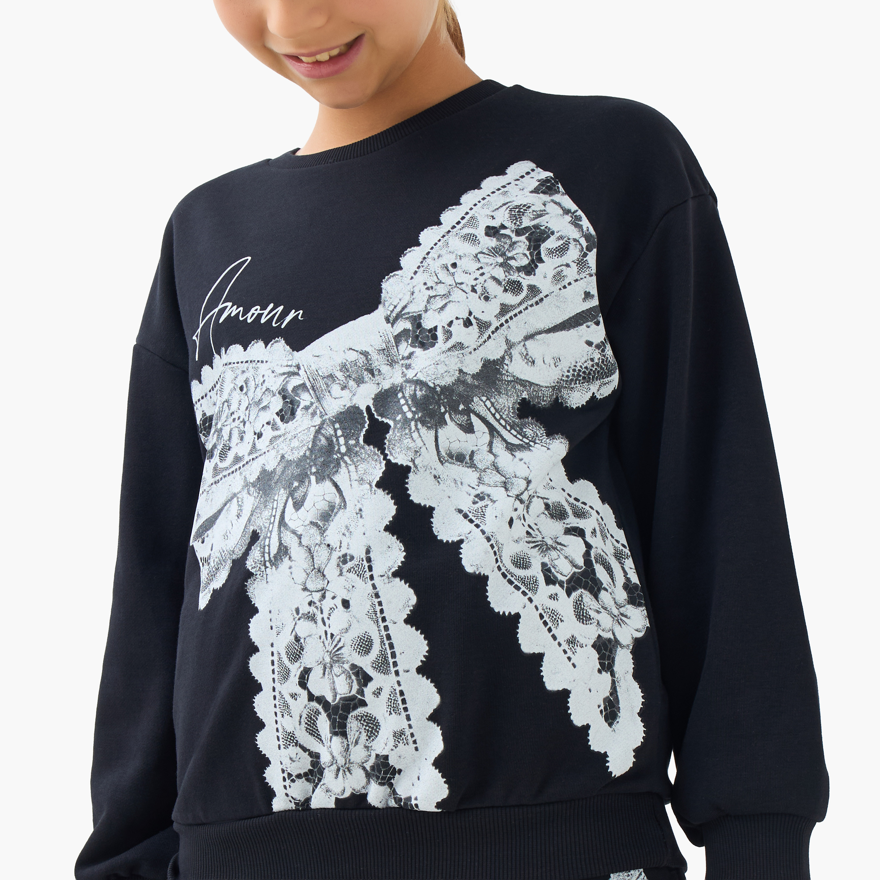 Juniors Girls Crew Neck Sweatshirt with Bow Print - Cotton - Long Sleeves-girls-clothing-sweatshirts-image-4