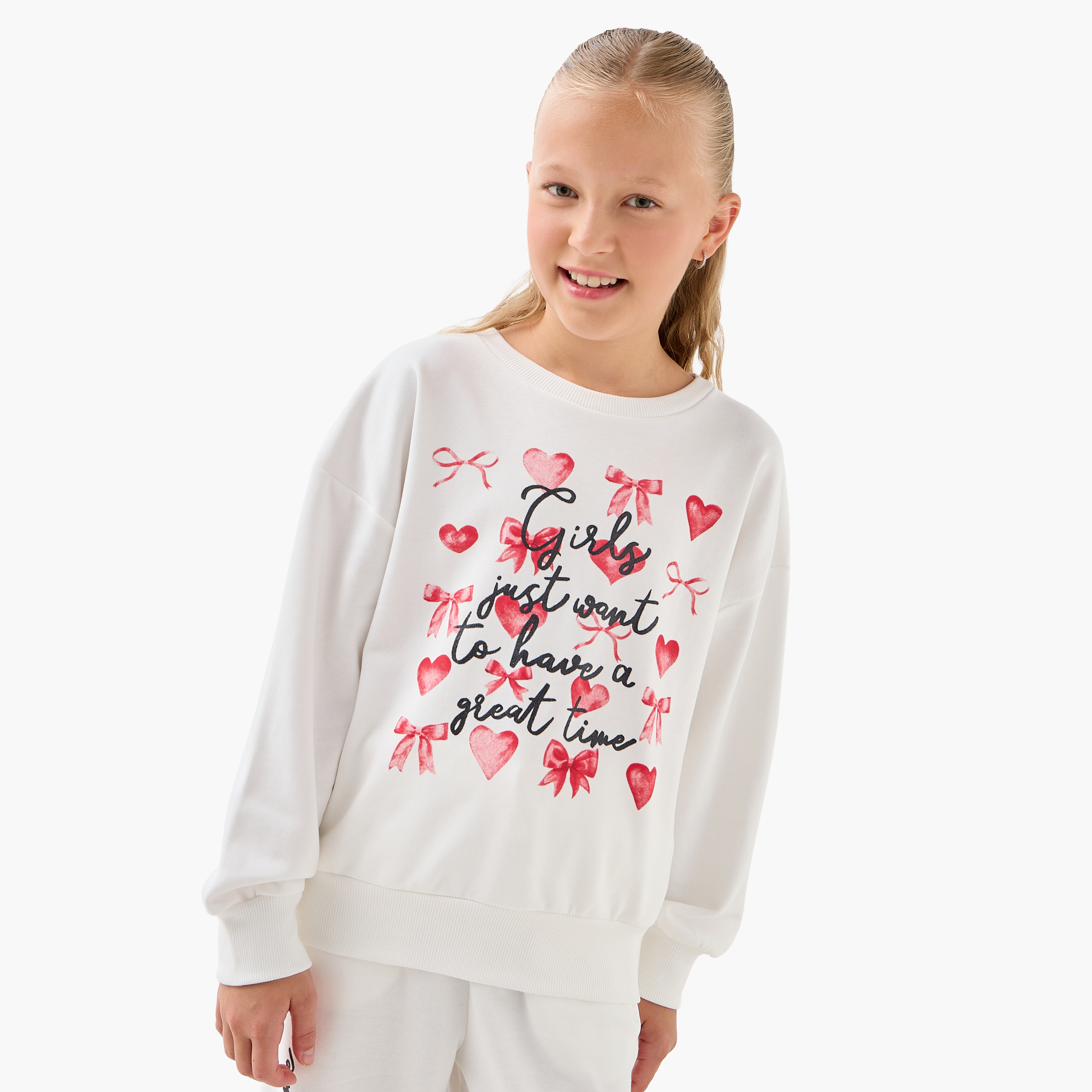 Juniors Girls Crew Neck Sweatshirt with Slogan Print - Cotton - Long Sleeves-girls-clothing-sweatshirts-image-1