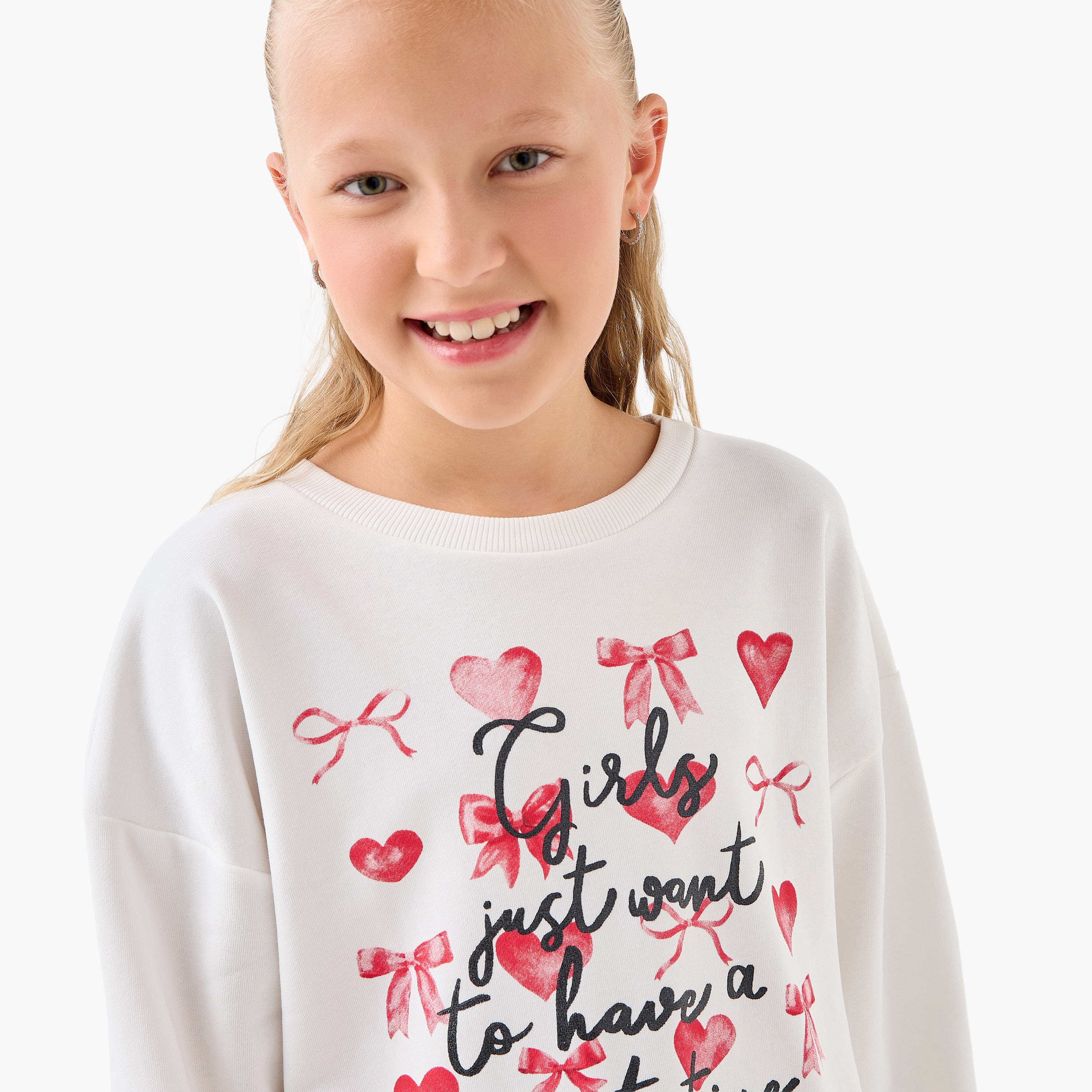 Juniors Girls Crew Neck Sweatshirt with Slogan Print - Cotton - Long Sleeves-girls-clothing-sweatshirts-image-4