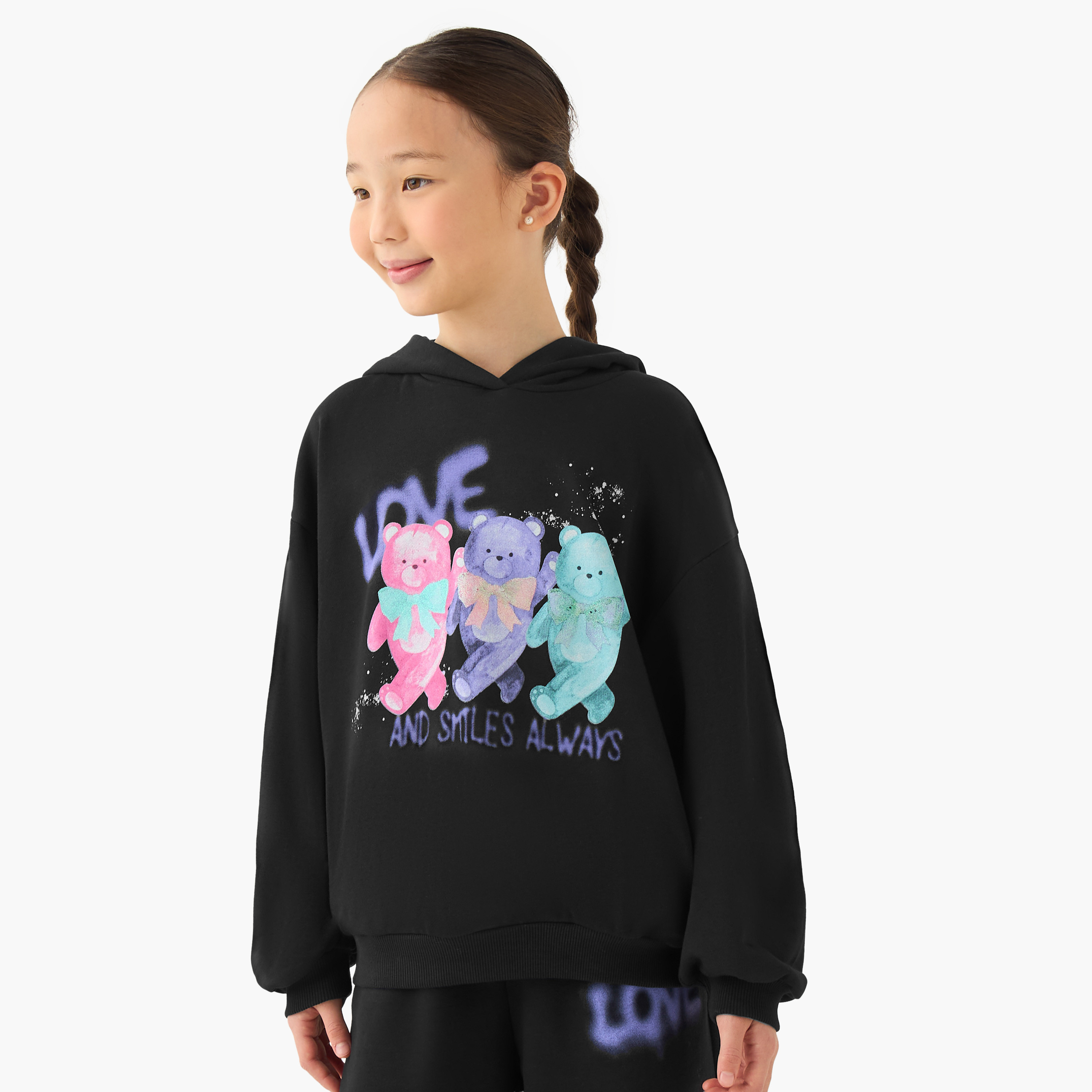Juniors Graphic Bear Print Hooded Sweatshirt with Long Sleeves-girls-clothing-winterwear-sweatshirts-image-1