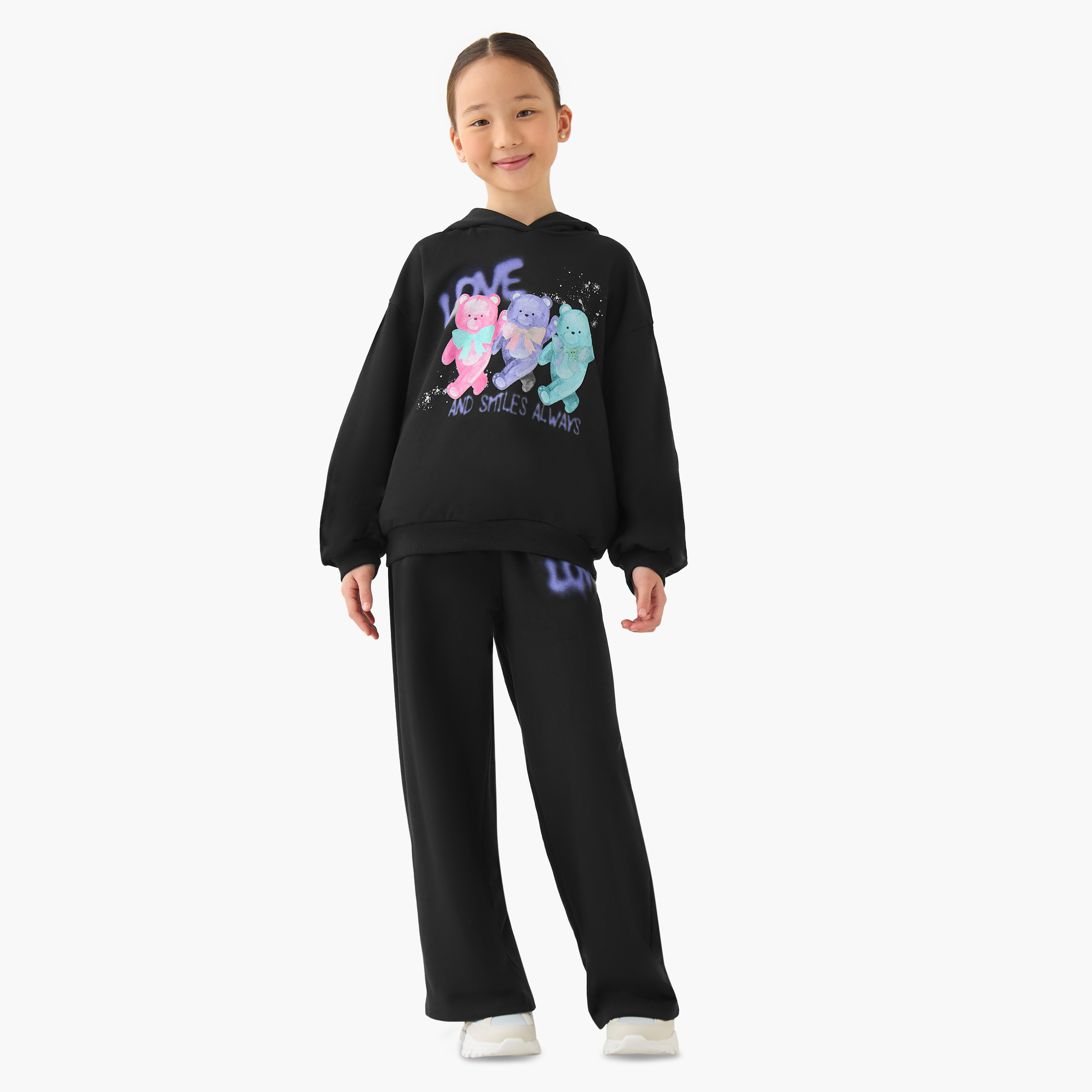 Juniors Graphic Bear Print Hooded Sweatshirt with Long Sleeves-girls-clothing-winterwear-sweatshirts-image-2