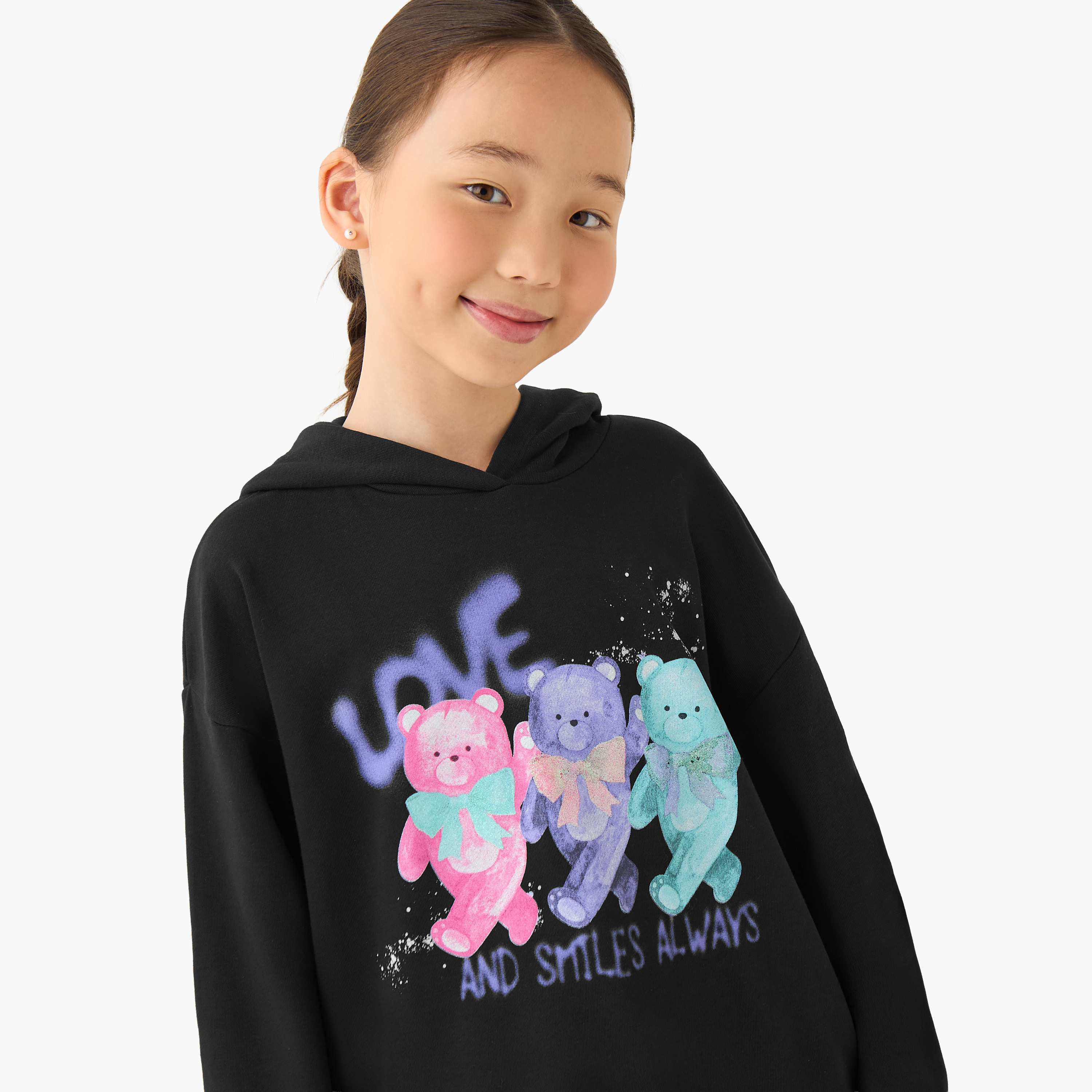 Juniors Graphic Bear Print Hooded Sweatshirt with Long Sleeves-girls-clothing-winterwear-sweatshirts-image-4