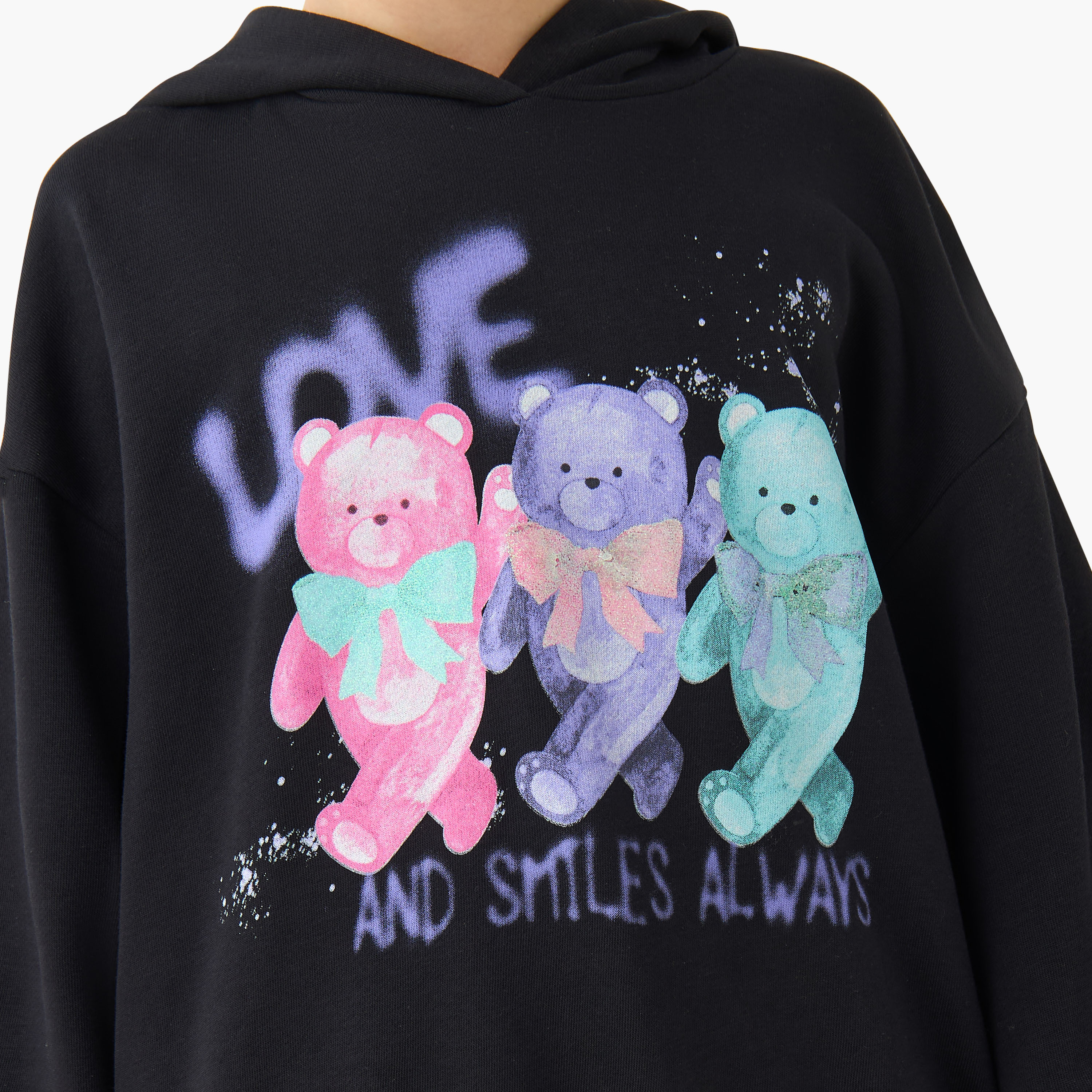 Juniors Graphic Bear Print Hooded Sweatshirt with Long Sleeves-girls-clothing-winterwear-sweatshirts-image-5