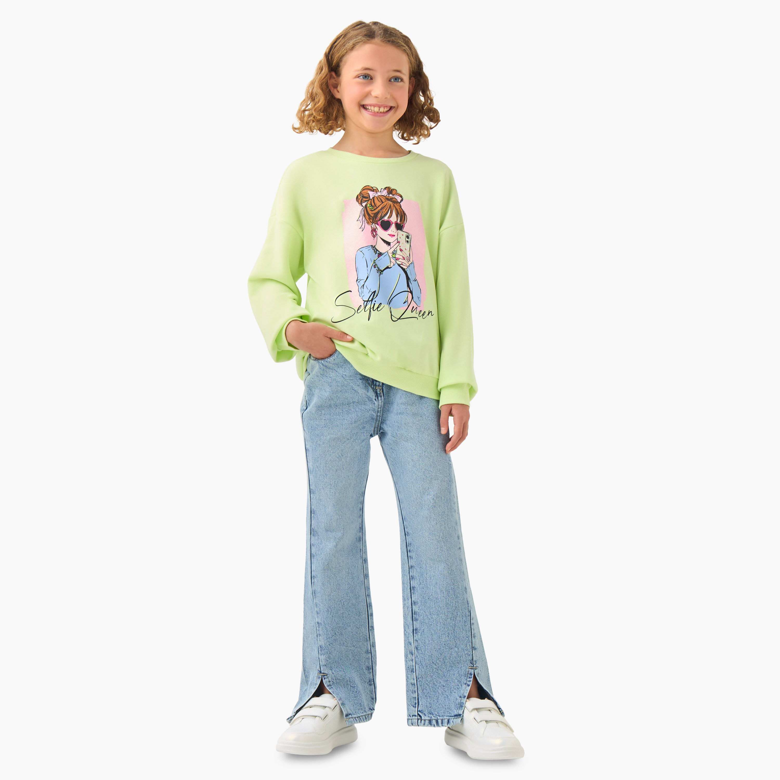 Juniors Girls Crew Neck Sweatshirt with Graphic Print - Cotton - Long Sleeves-girls-clothing-sweatshirts-image-2