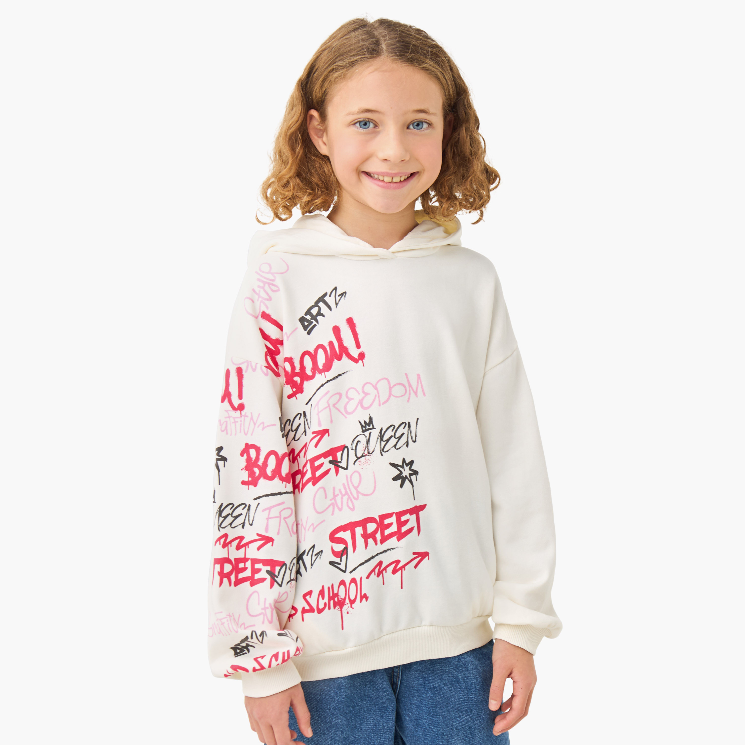 سويت شيرت قطن بقبعة وأكمام طويلة وطبعات جرافيتي للبنات من جونيورز-girls-clothing-sweatshirts-image-1