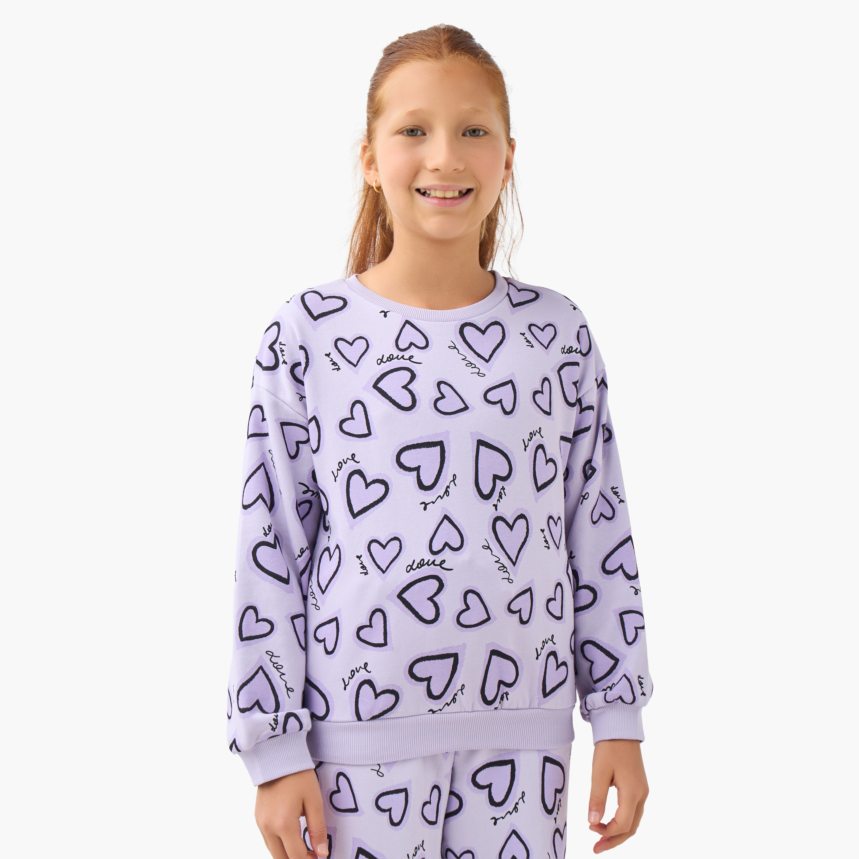 Juniors Girls Crew Neck Sweatshirt with Heart Print - Cotton - Long Sleeves-girls-clothing-sweatshirts-image-1