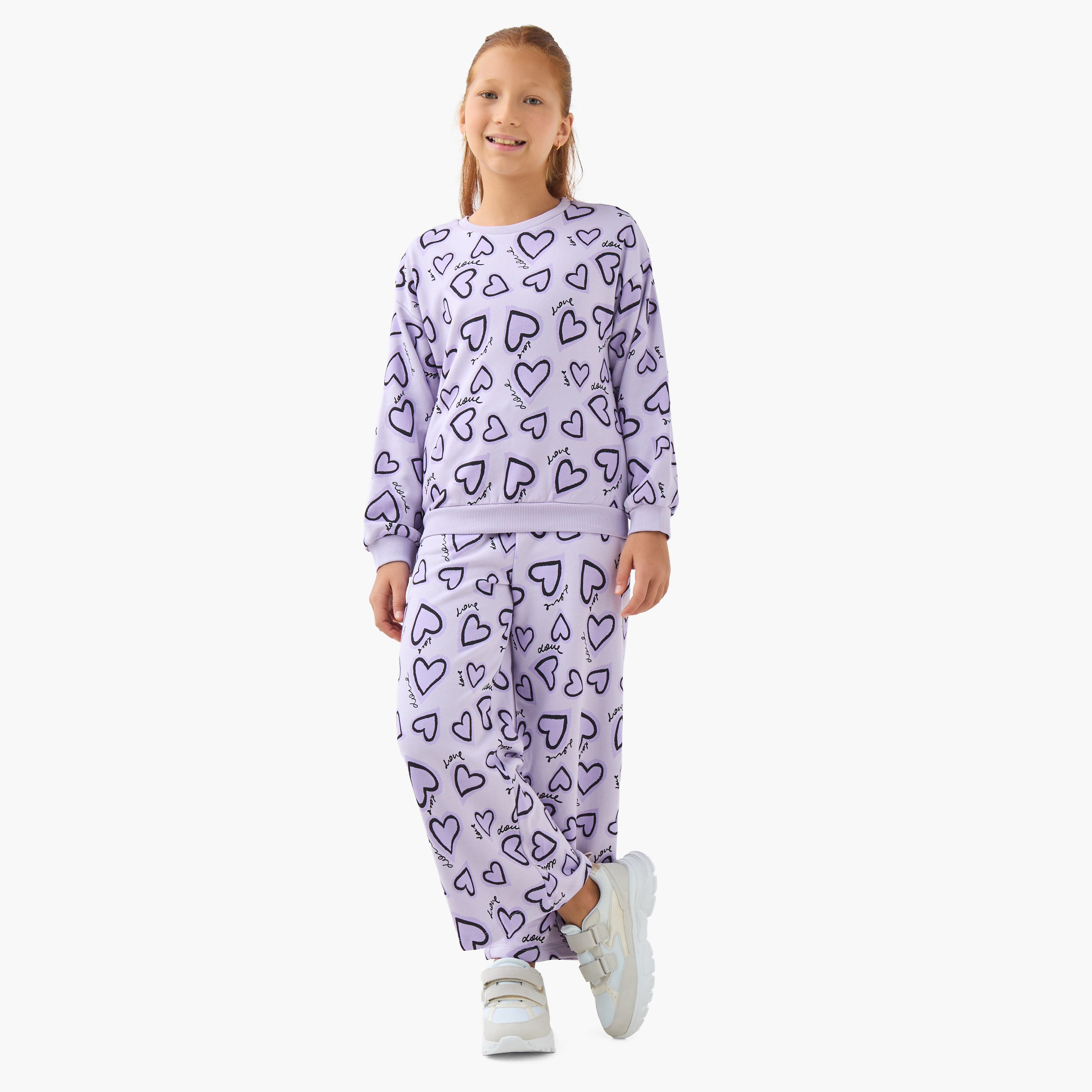Juniors Girls Crew Neck Sweatshirt with Heart Print - Cotton - Long Sleeves-girls-clothing-sweatshirts-image-2