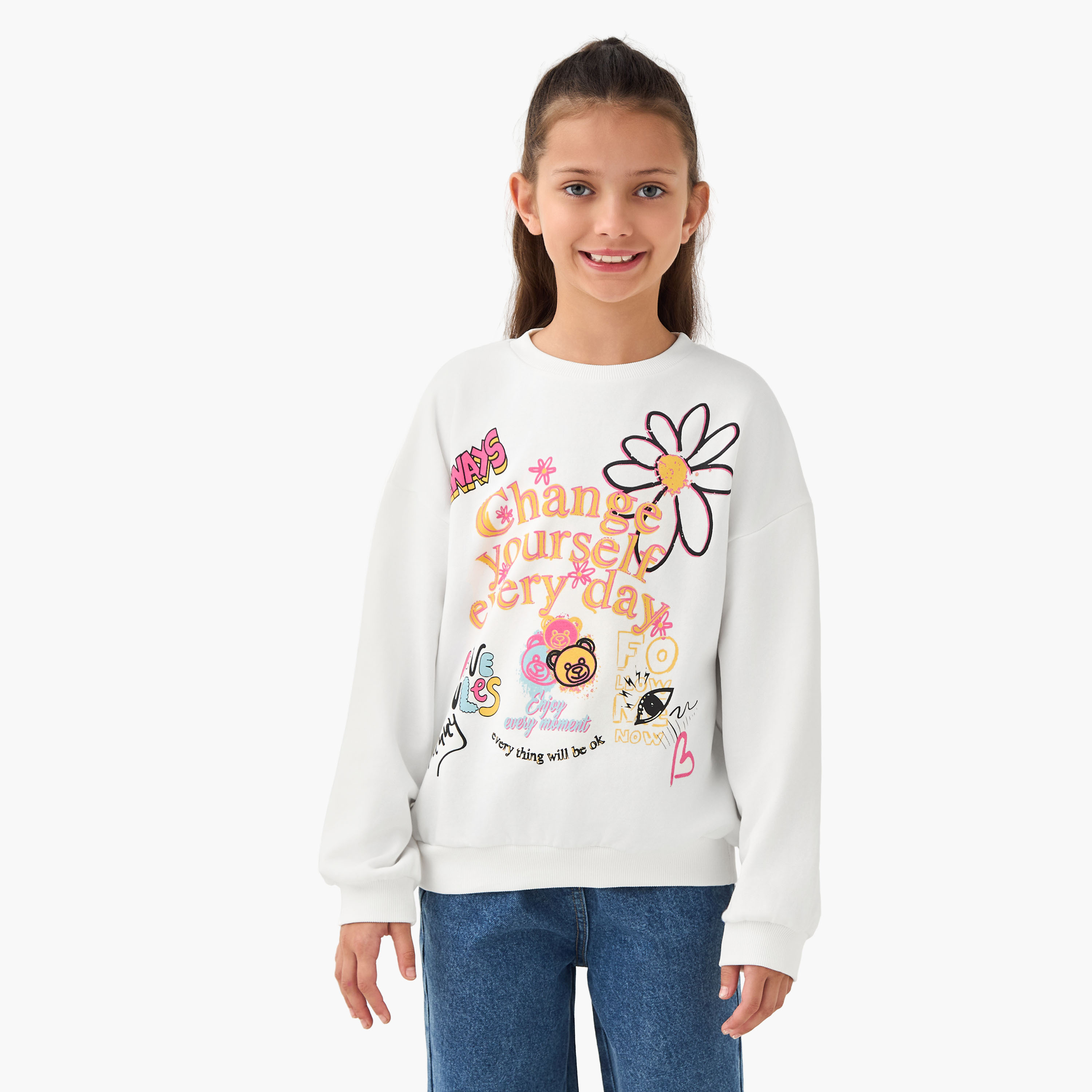 Juniors Graphic Print Sweatshirt with Long Sleeves-girls-clothing-winterwear-sweatshirts-image-4