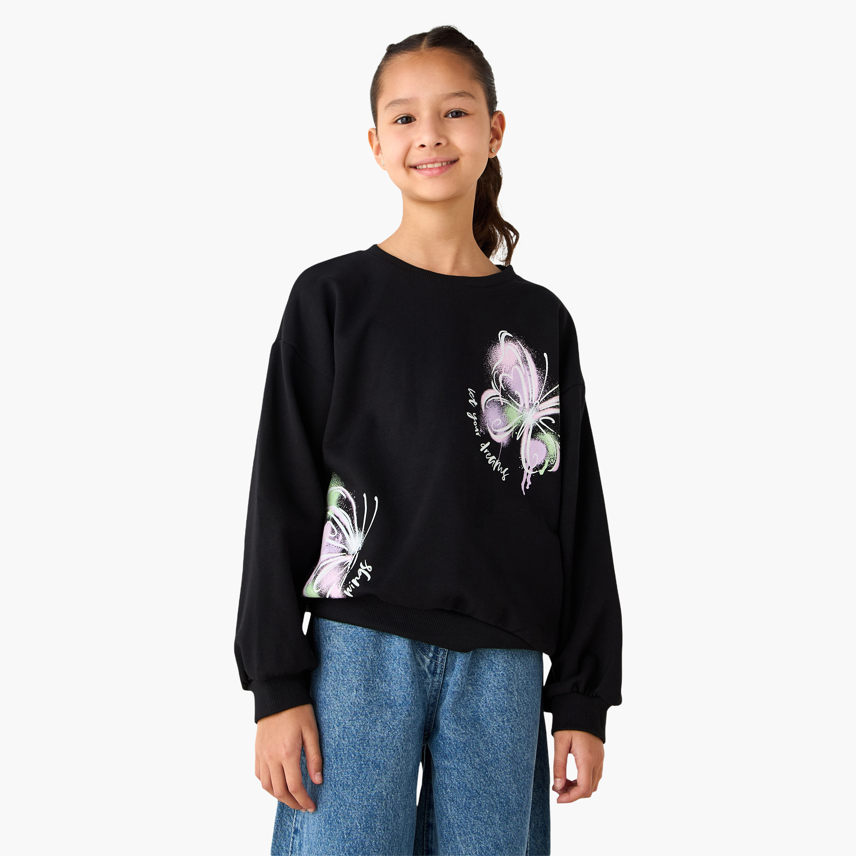 Juniors Butterfly Print Sweatshirt with Long Sleeves-girls-clothing-sweatshirts-image-1