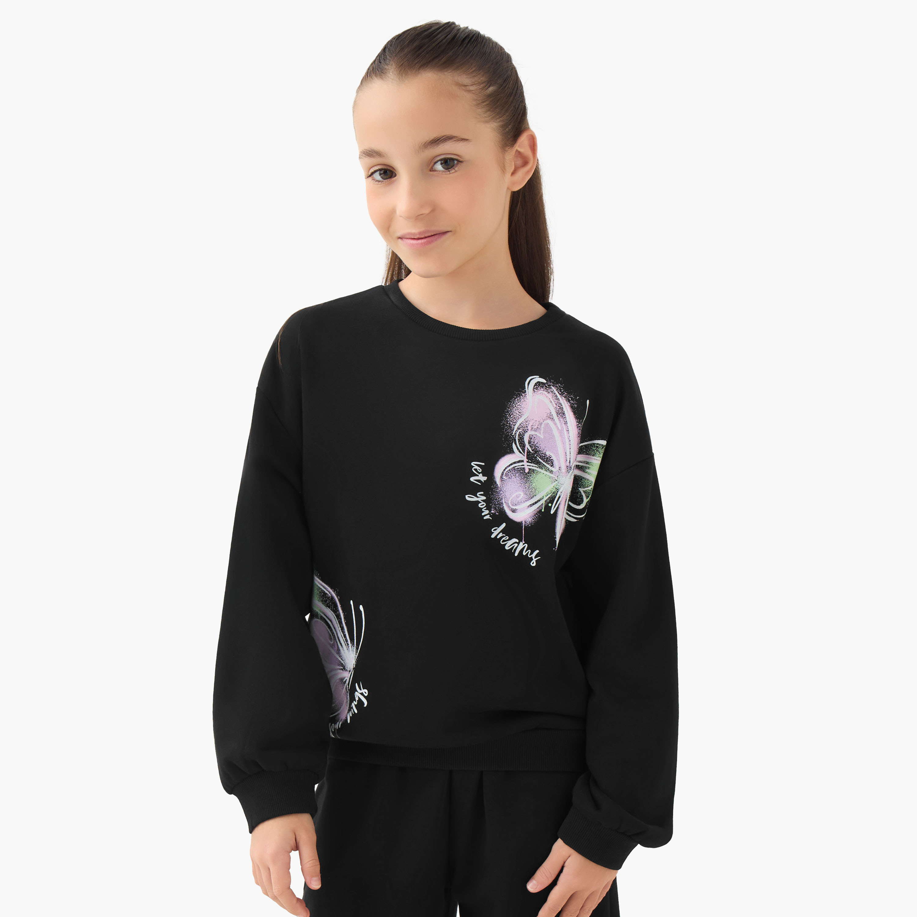 Juniors Butterfly Print Sweatshirt with Long Sleeves-girls-clothing-sweatshirts-image-1