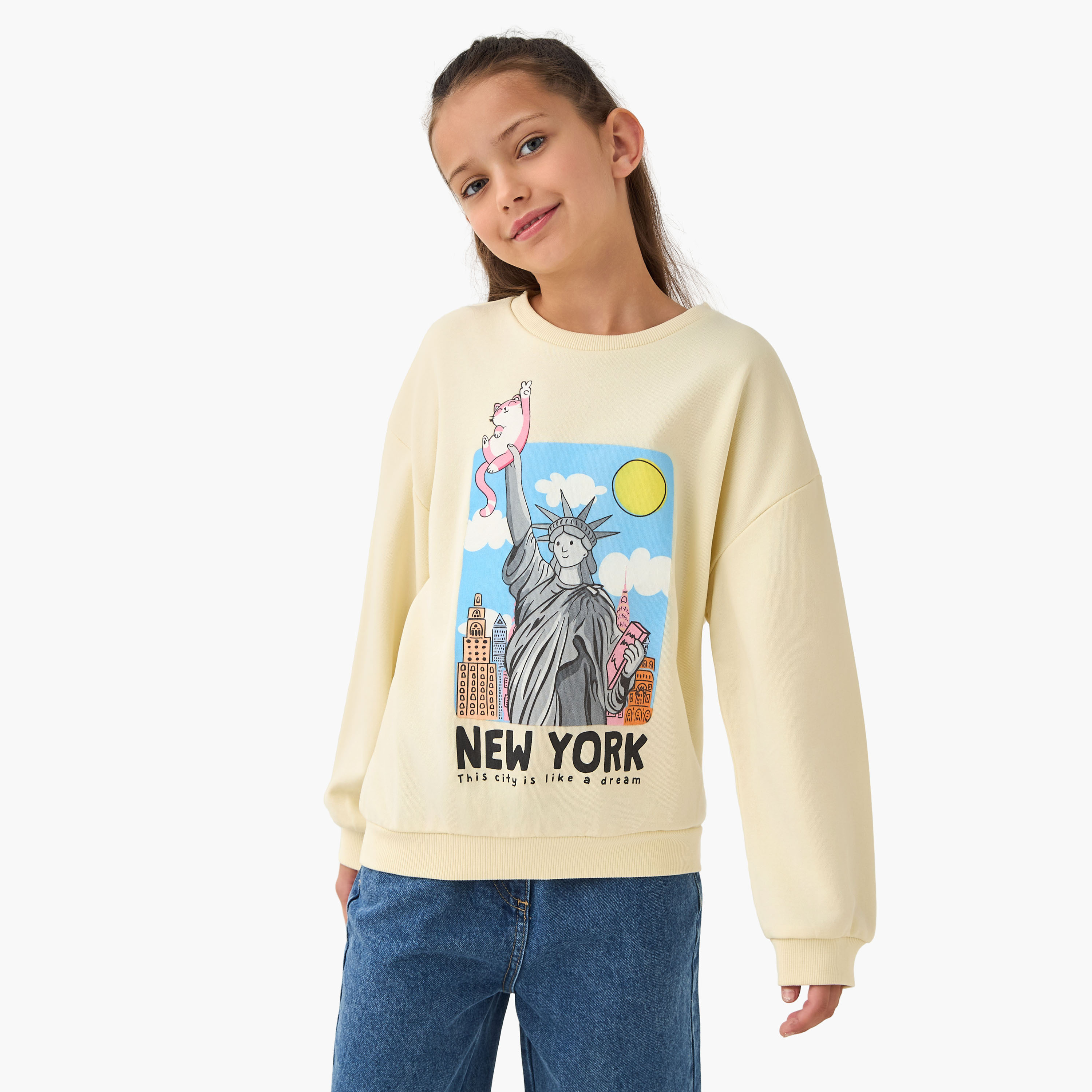Juniors New York Print Sweatshirt with Long Sleeves-girls-clothing-winterwear-sweatshirts-image-1