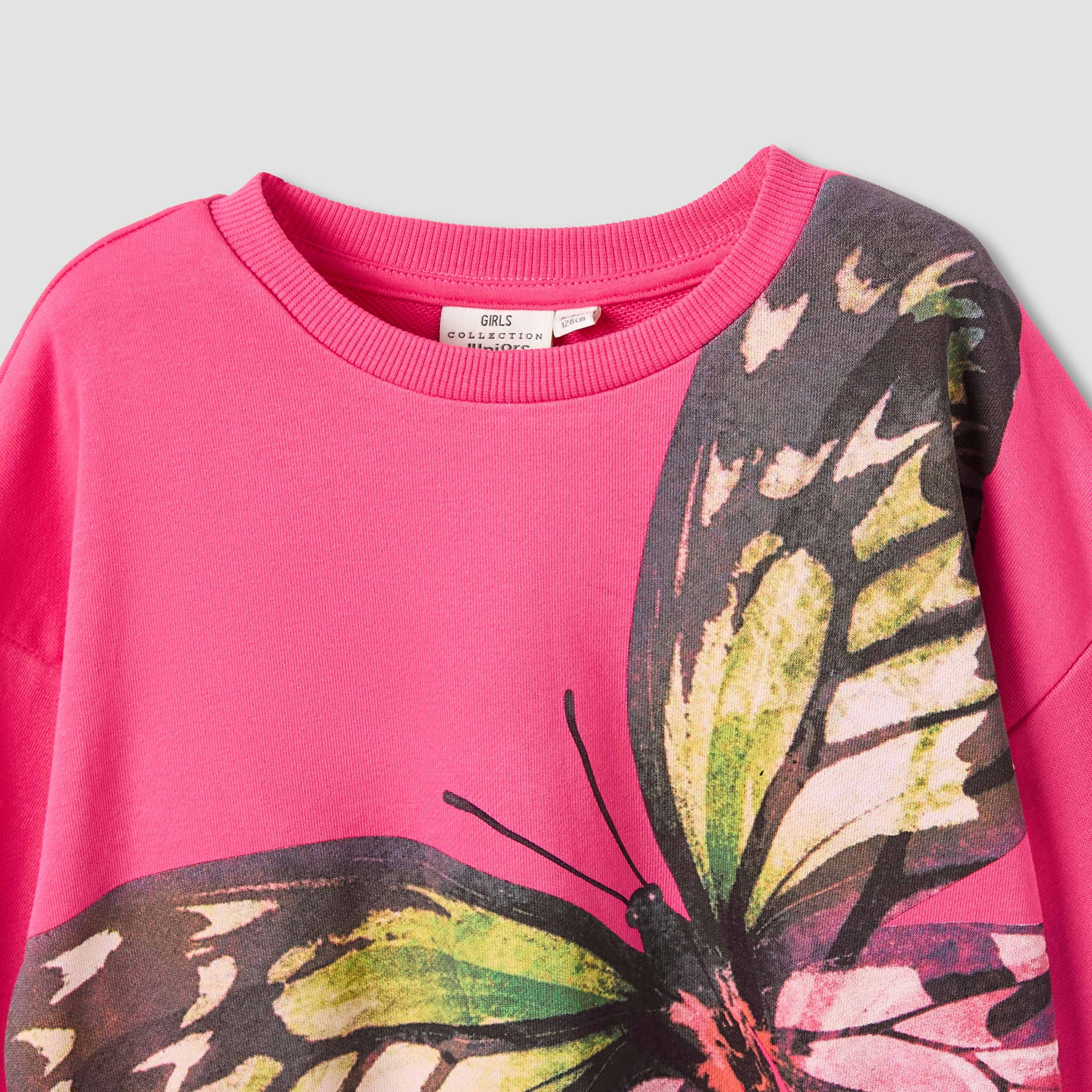 سويت شيرت قطن بياقة ضيقة وأكمام طويلة وطبعات فراشة للبنات من جونيورز-girls-clothing-winterwear-sweatshirts-image-2