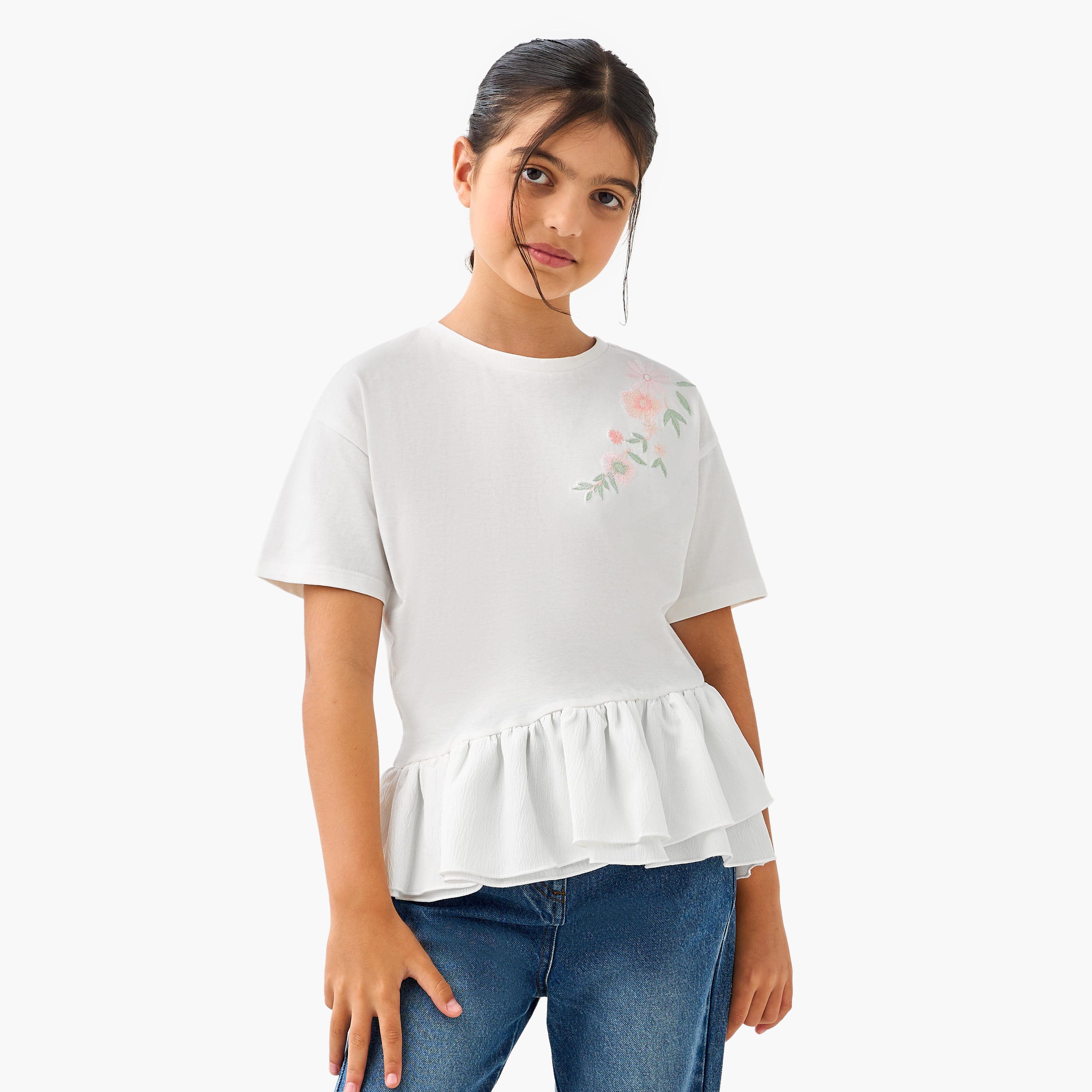 Juniors Floral Embroidered Peplum Top with Short Sleeves-girls-clothing-blousesandshirts-image-1