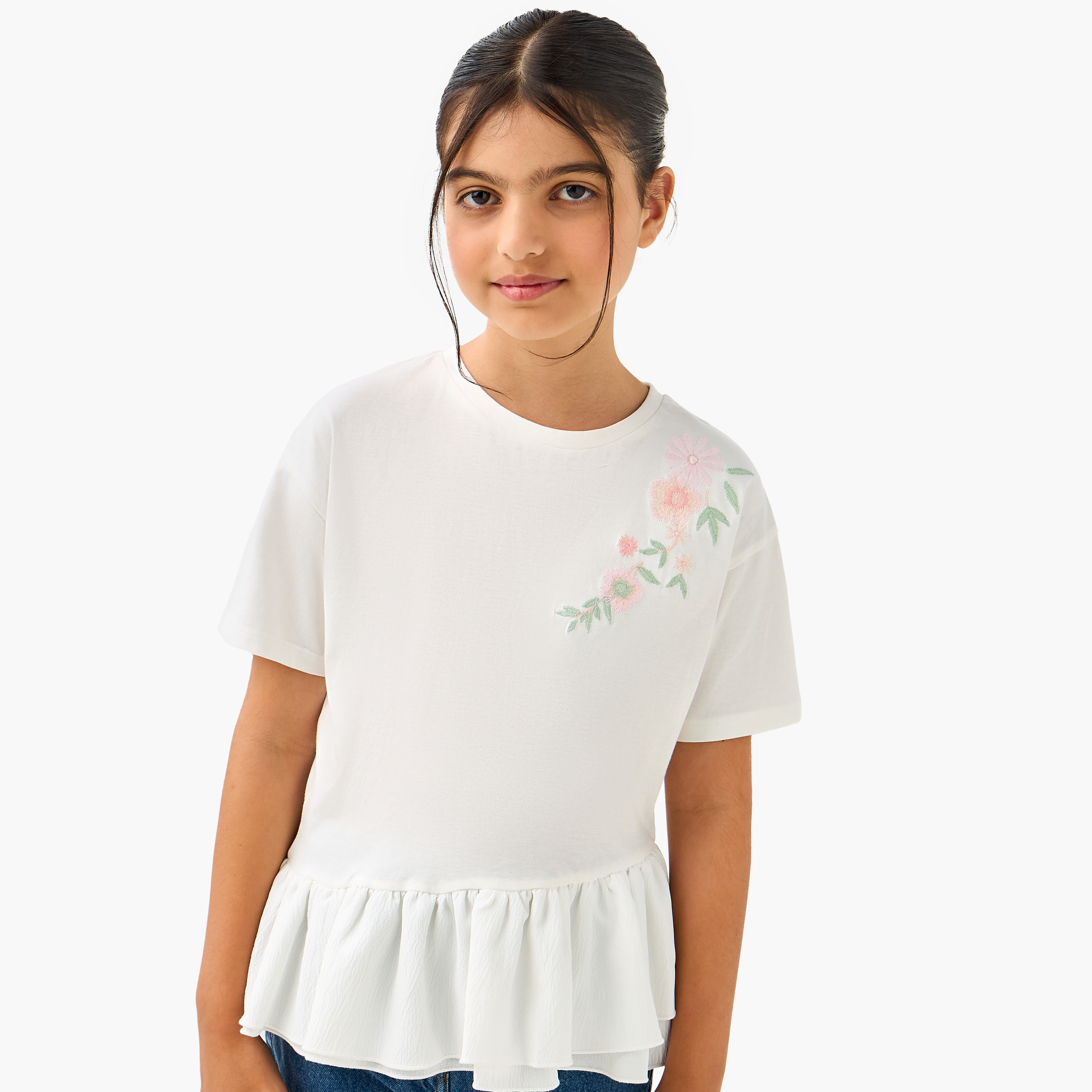 Juniors Floral Embroidered Peplum Top with Short Sleeves-girls-clothing-blousesandshirts-image-4