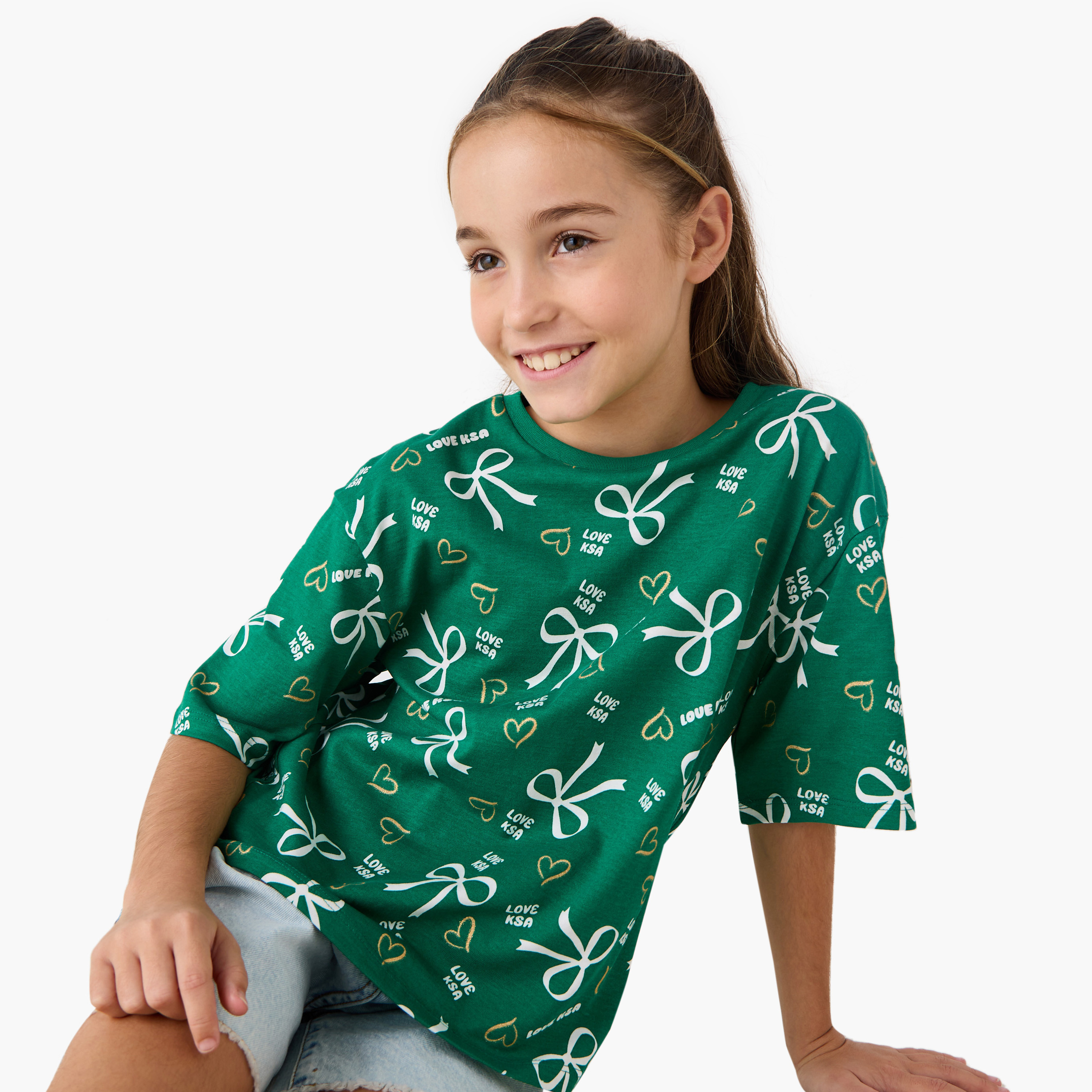 Juniors KSA National Day Print T-shirt with Short Sleeves-girls-clothing-tshirts-image-1
