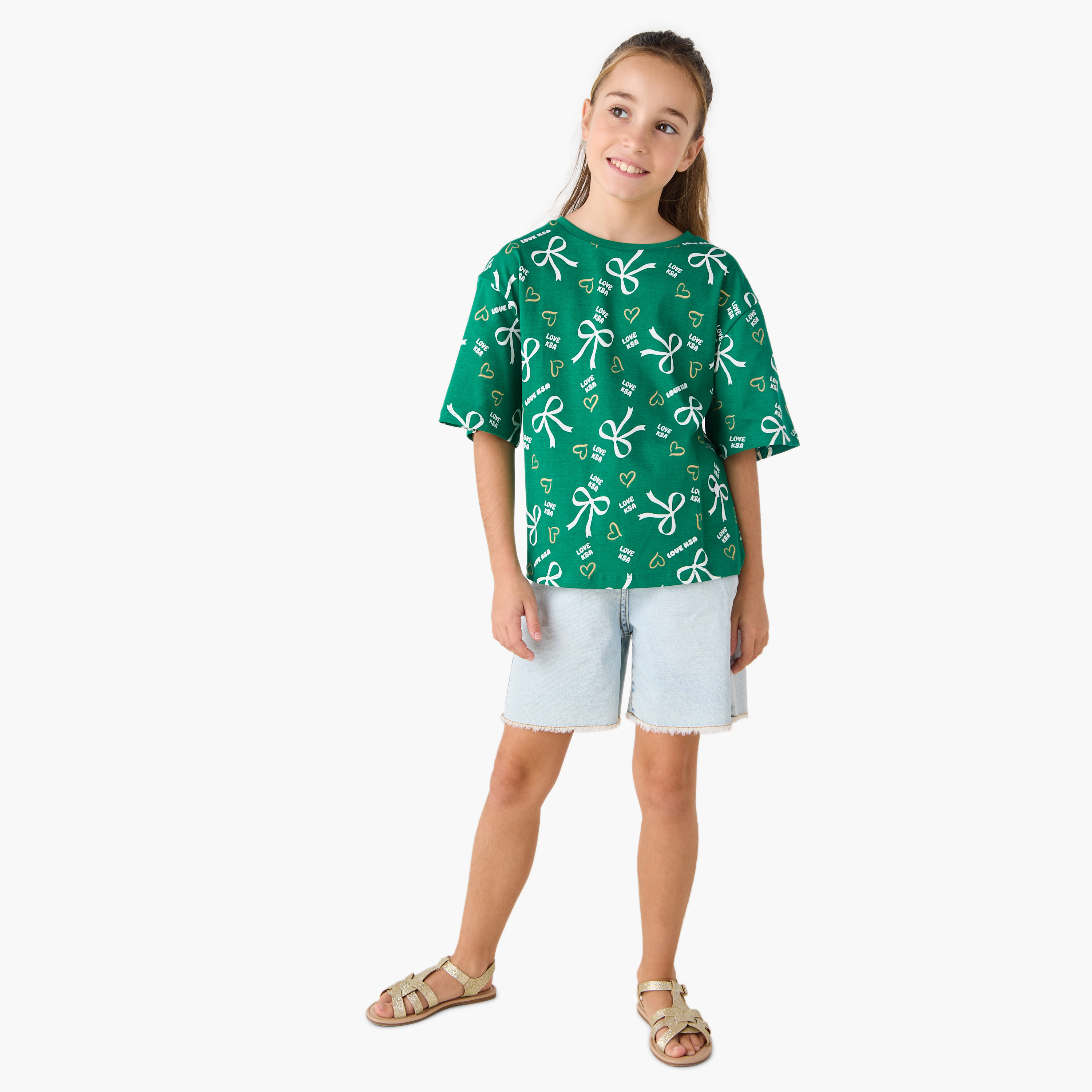 Juniors KSA National Day Print T-shirt with Short Sleeves-girls-clothing-tshirts-image-2