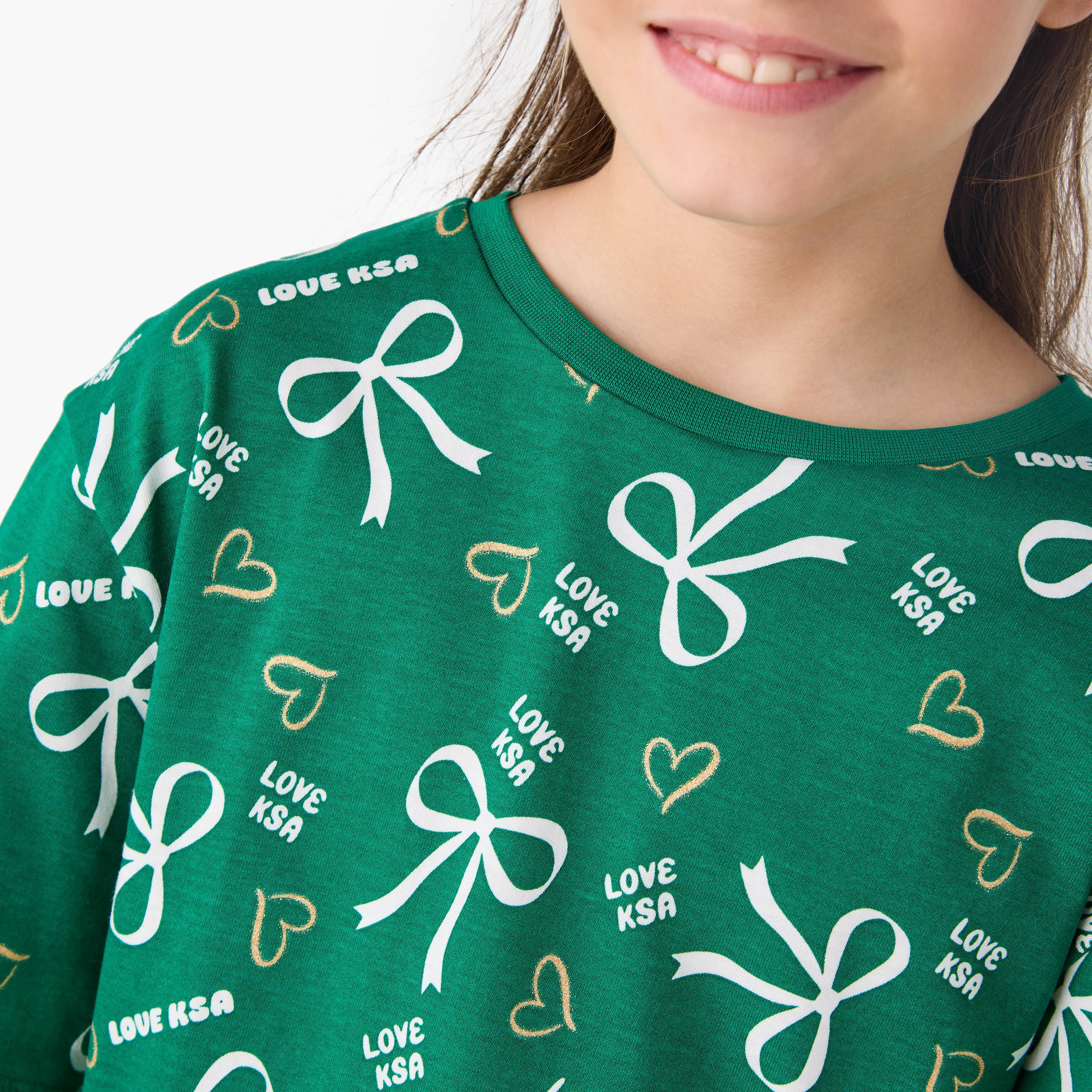 Juniors KSA National Day Print T-shirt with Short Sleeves-girls-clothing-tshirts-image-4