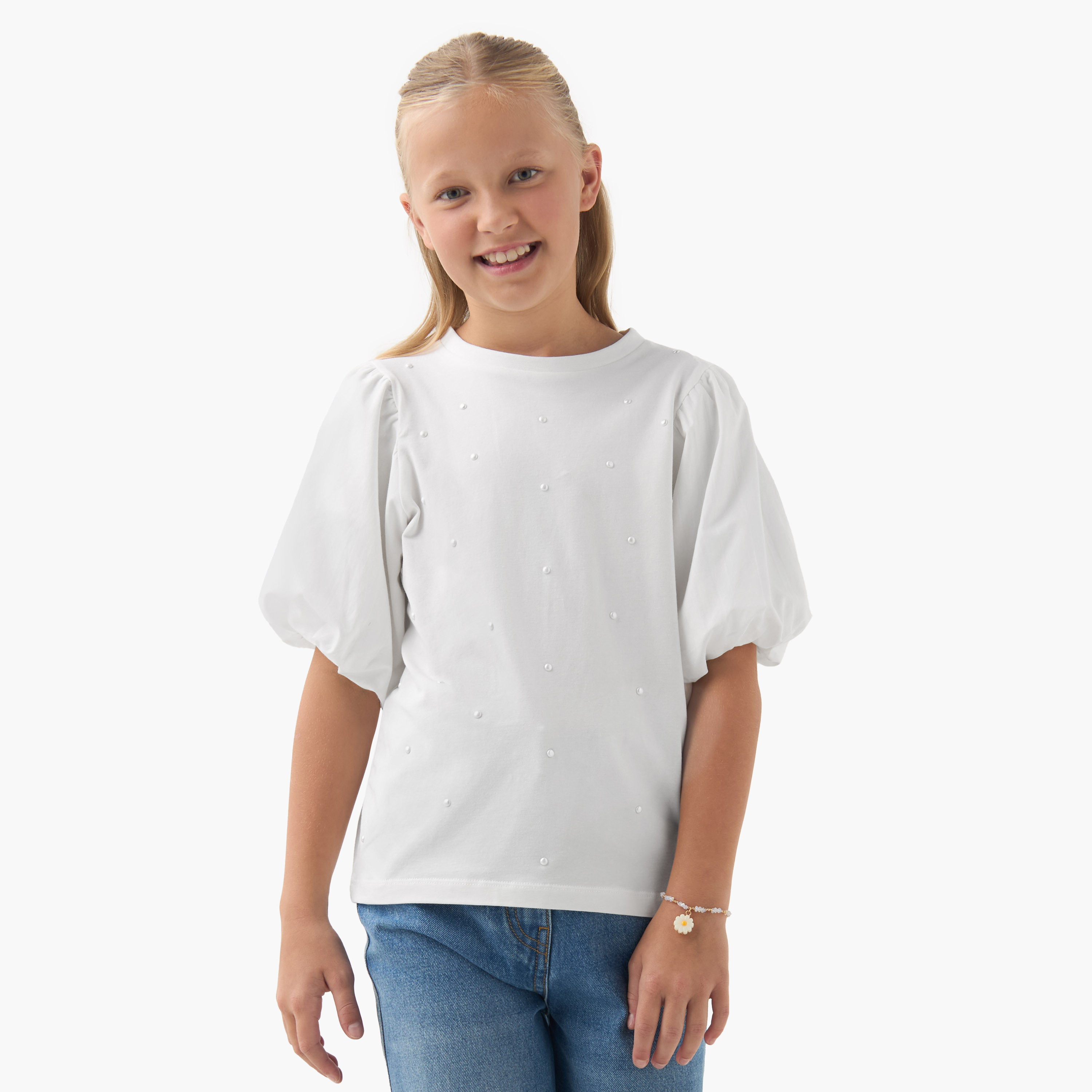 Juniors Girls Crew Neck Top with Pearl Embellishments - Short Sleeves-girls-clothing-tshirts-image-1