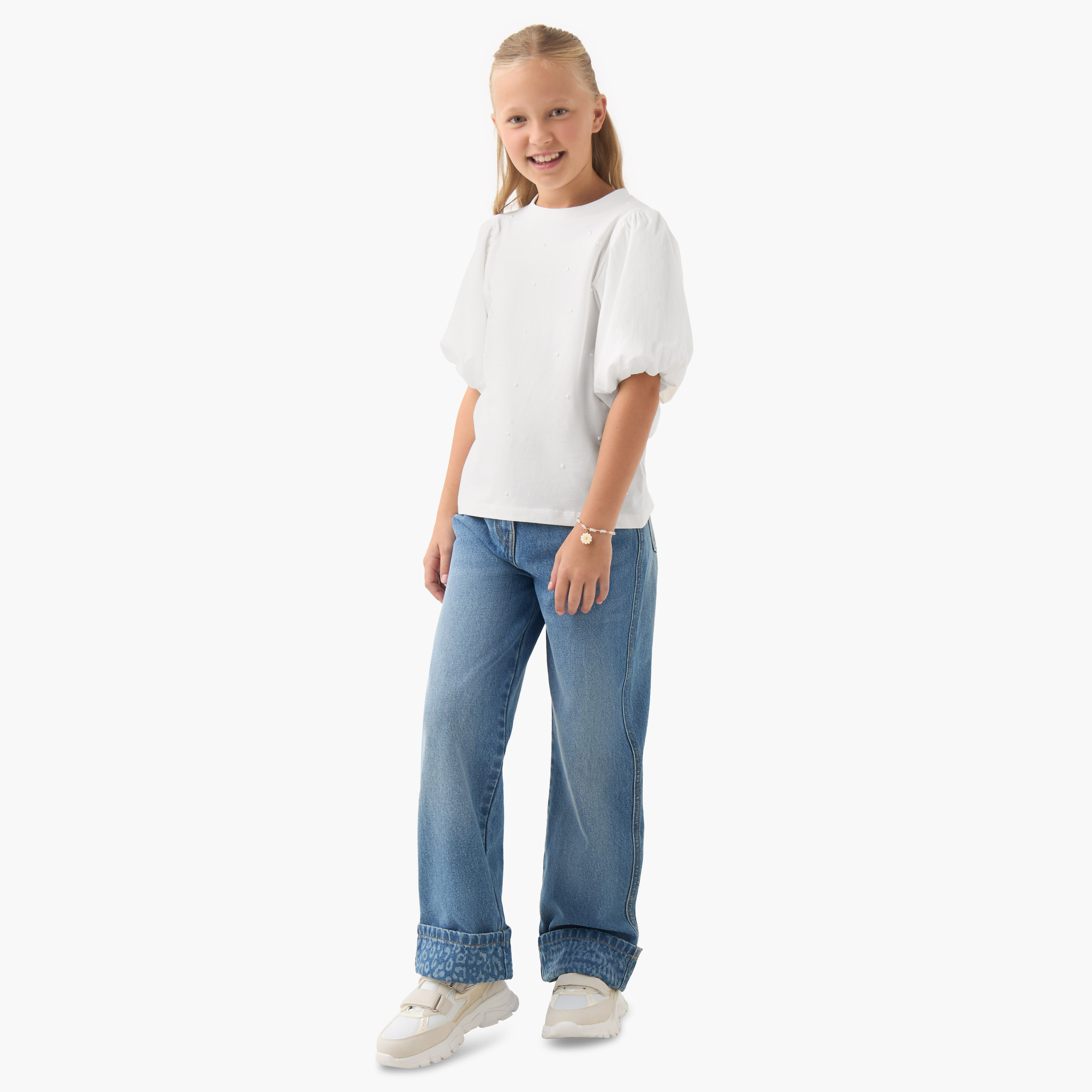 Juniors Girls Crew Neck Top with Pearl Embellishments - Short Sleeves-girls-clothing-tshirts-image-2