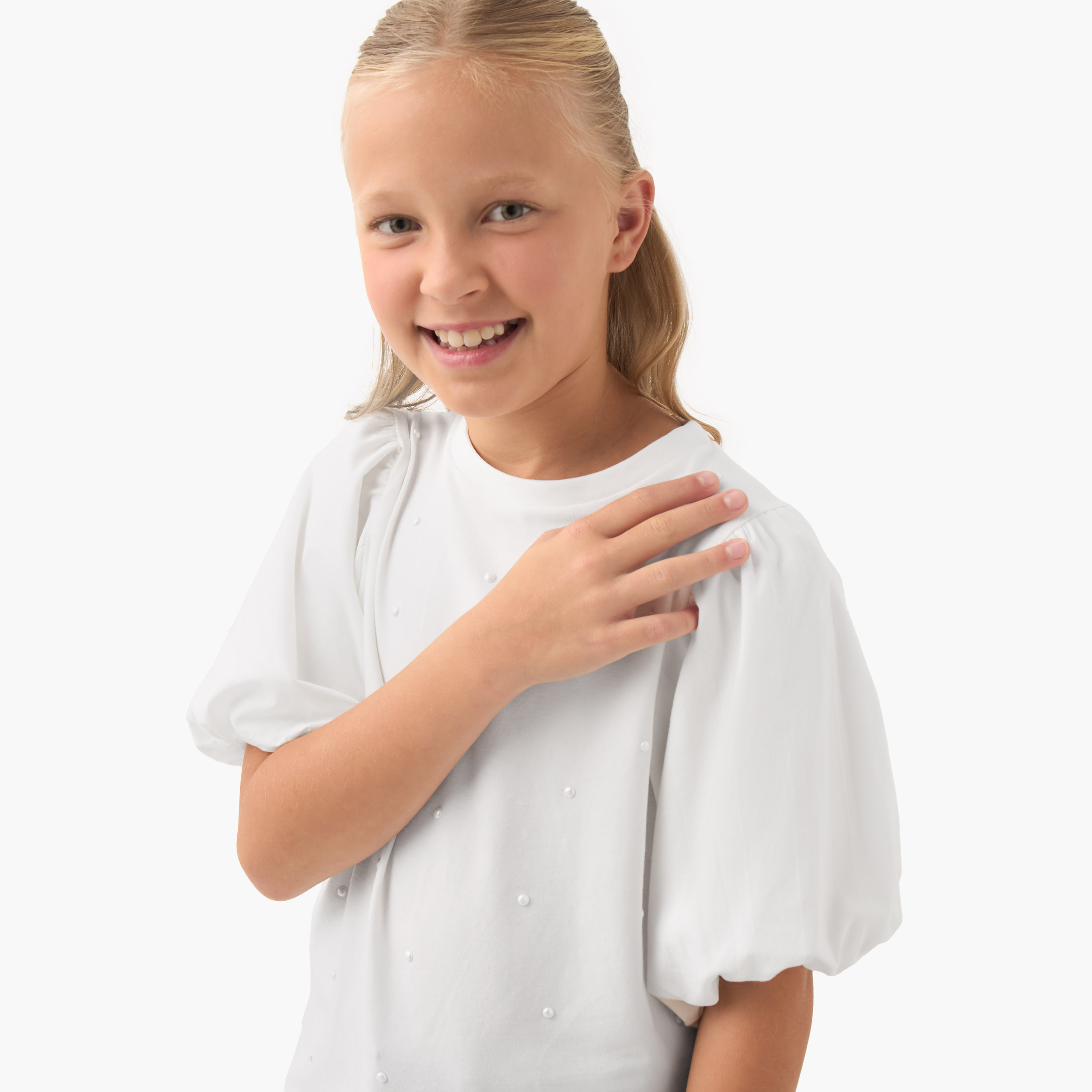 Juniors Girls Crew Neck Top with Pearl Embellishments - Short Sleeves-girls-clothing-tshirts-image-4
