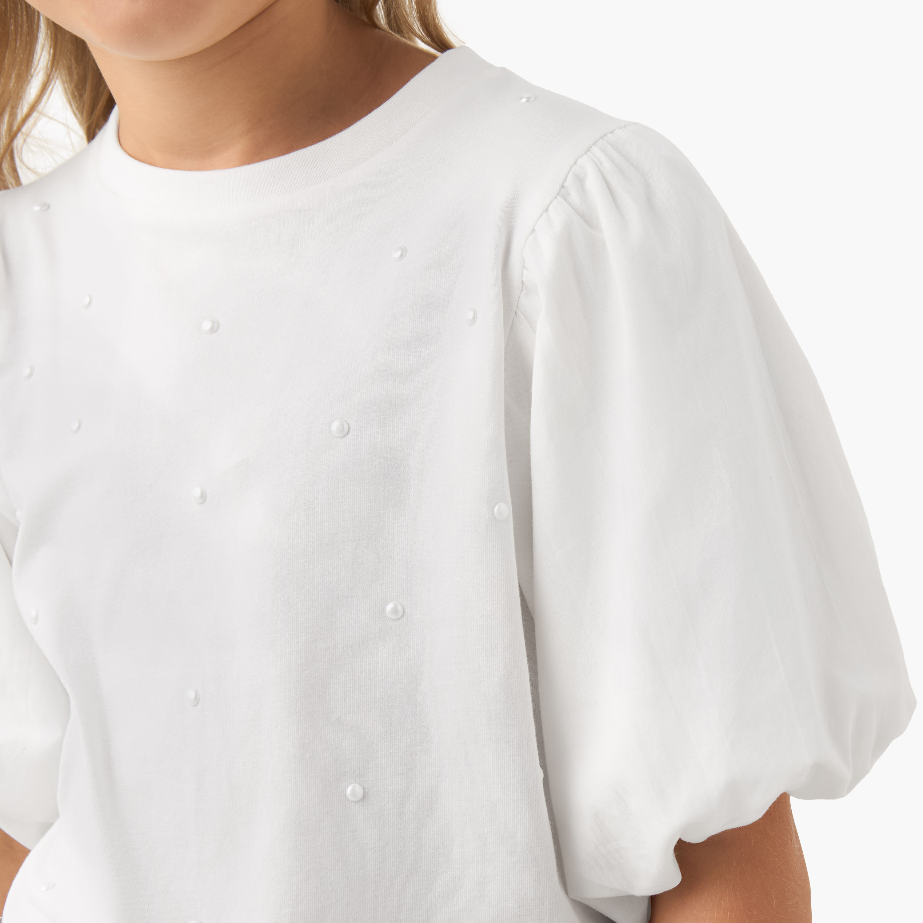 Juniors Girls Crew Neck Top with Pearl Embellishments - Short Sleeves-girls-clothing-tshirts-image-5