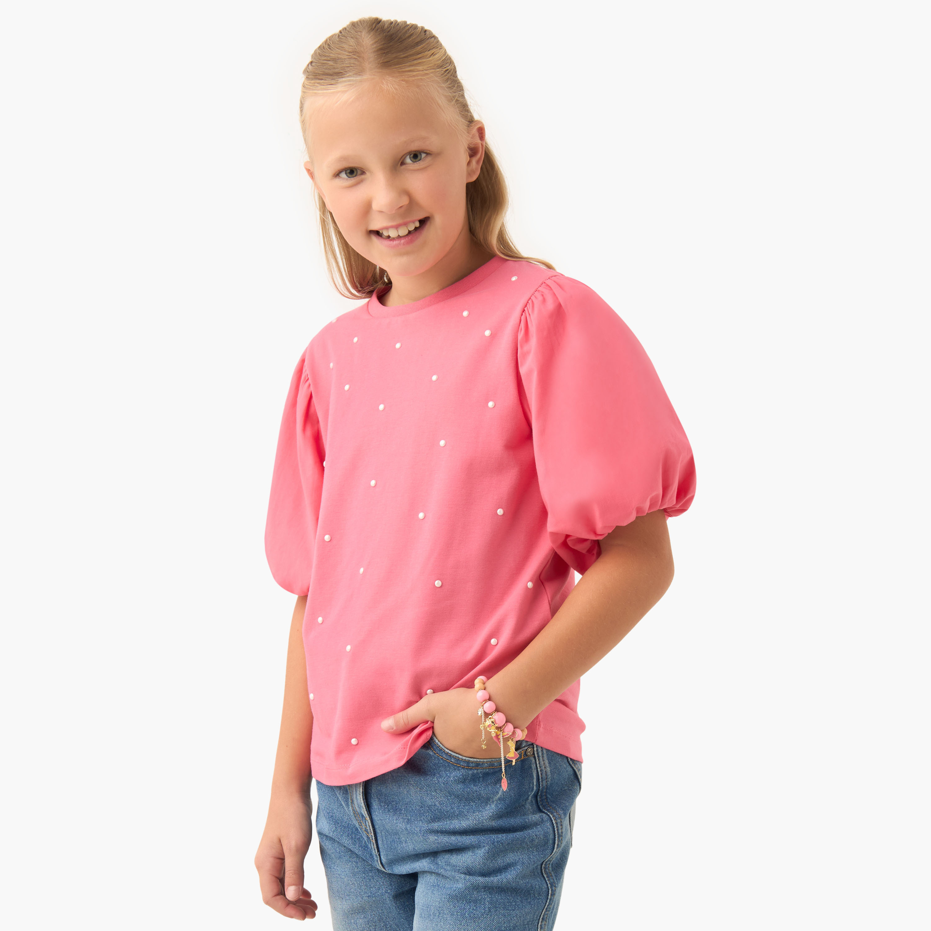 تيشيرت بأكمام قصيرة وياقة ضيقة مزين بالؤلؤ للبنات من جونيورز-girls-clothing-tshirts-image-5