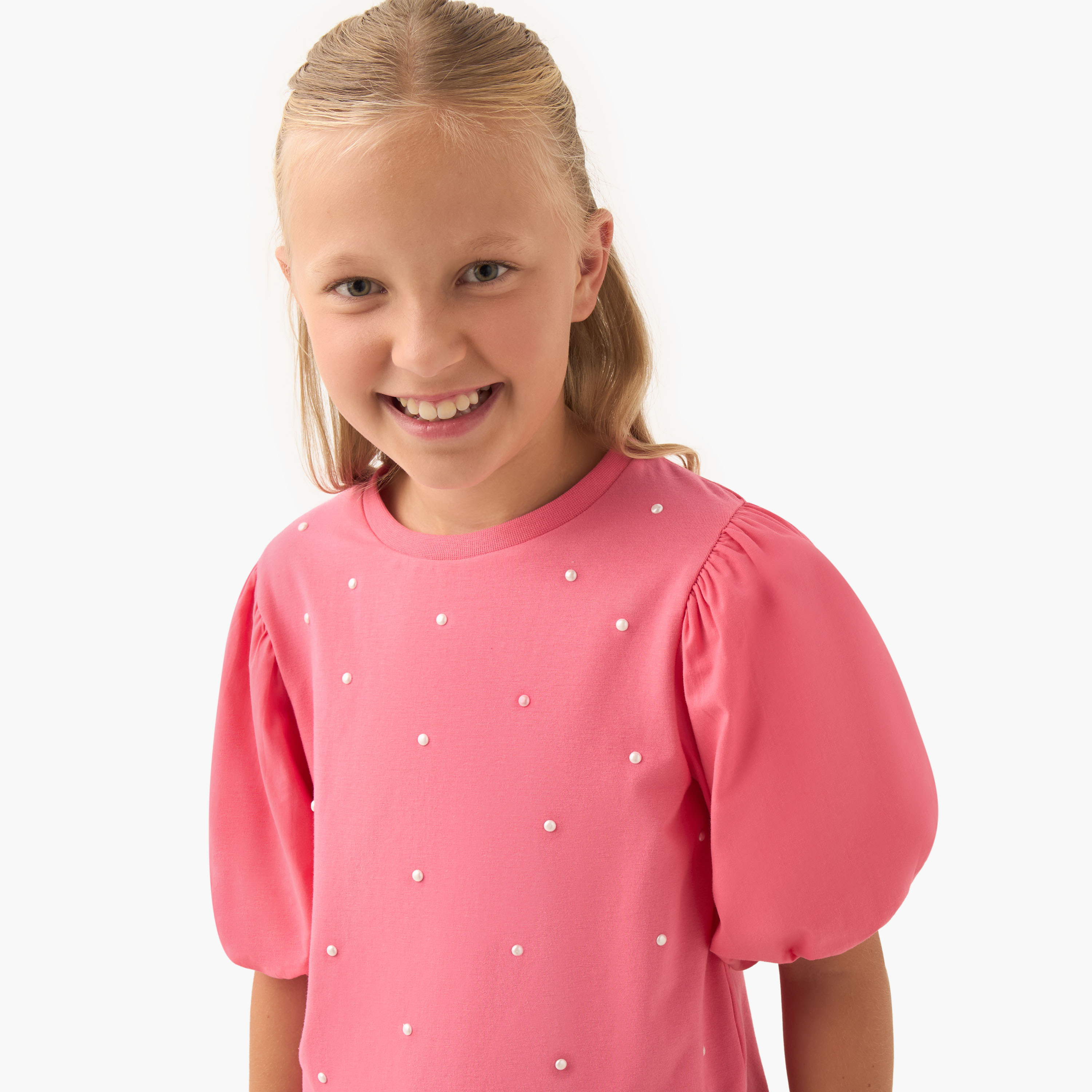 تيشيرت بأكمام قصيرة وياقة ضيقة مزين بالؤلؤ للبنات من جونيورز-girls-clothing-tshirts-image-2