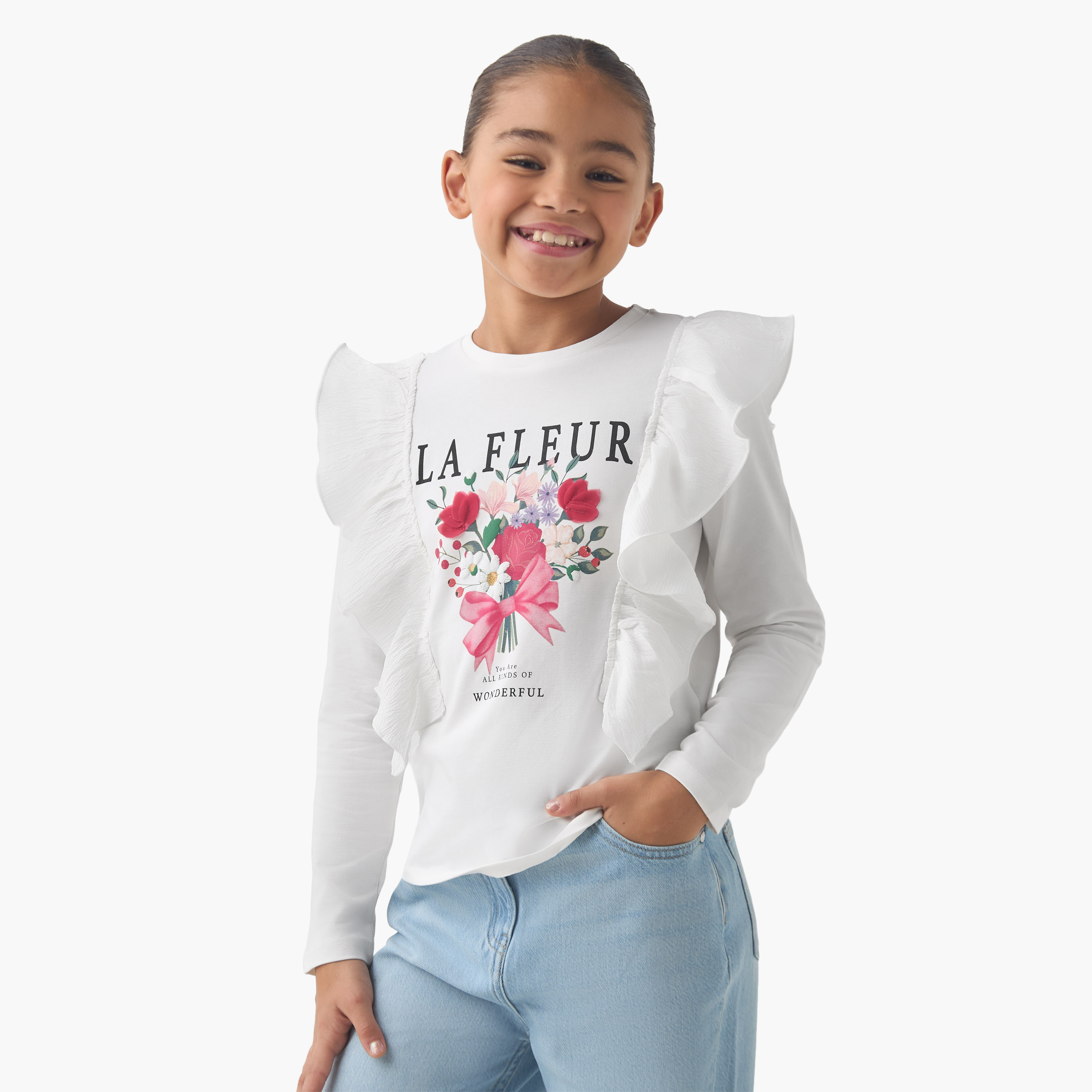 Juniors Girls Crew Neck Top with Floral Print - Cotton - Long Sleeves-girls-clothing-tshirts-image-1