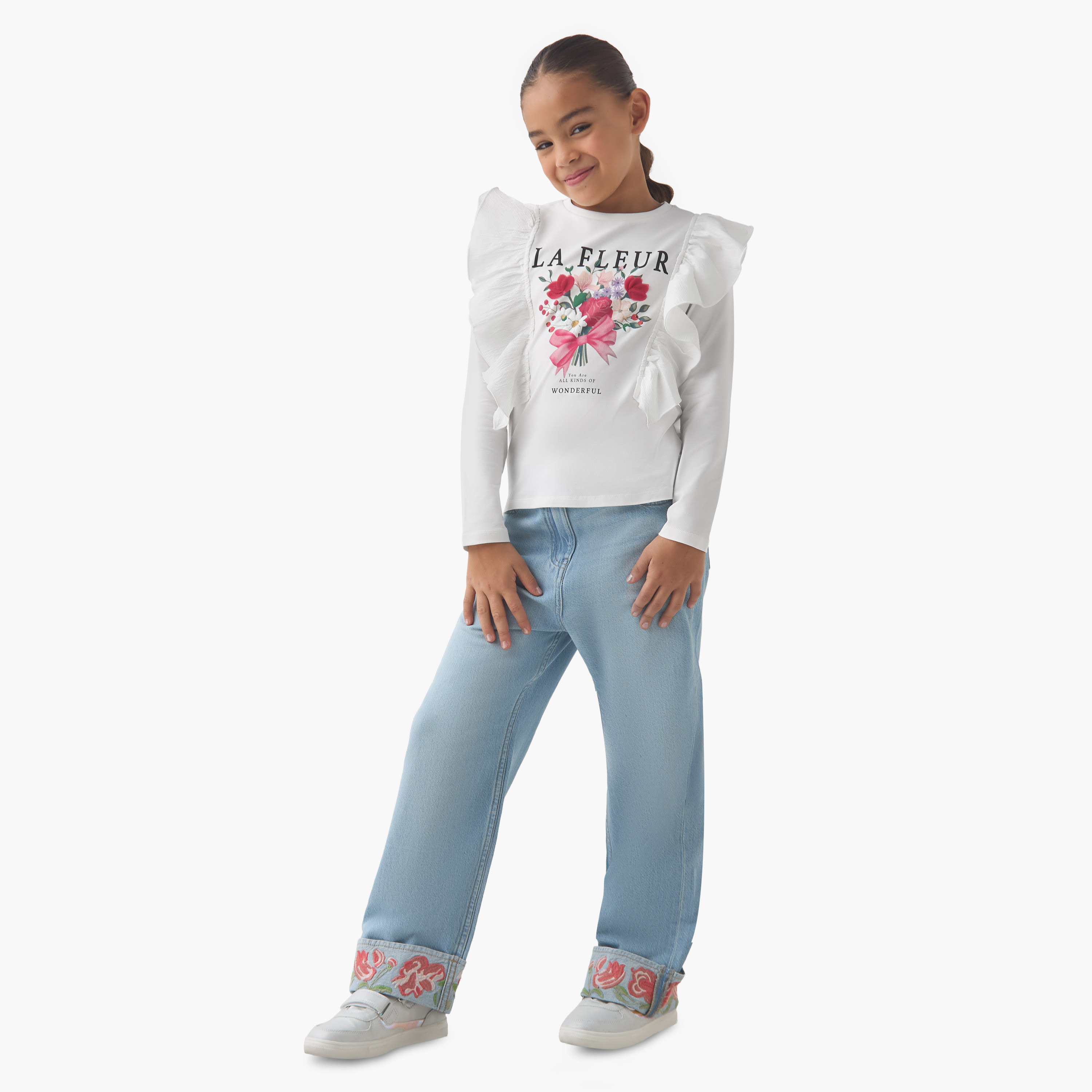 Juniors Girls Crew Neck Top with Floral Print - Cotton - Long Sleeves-girls-clothing-tshirts-image-2