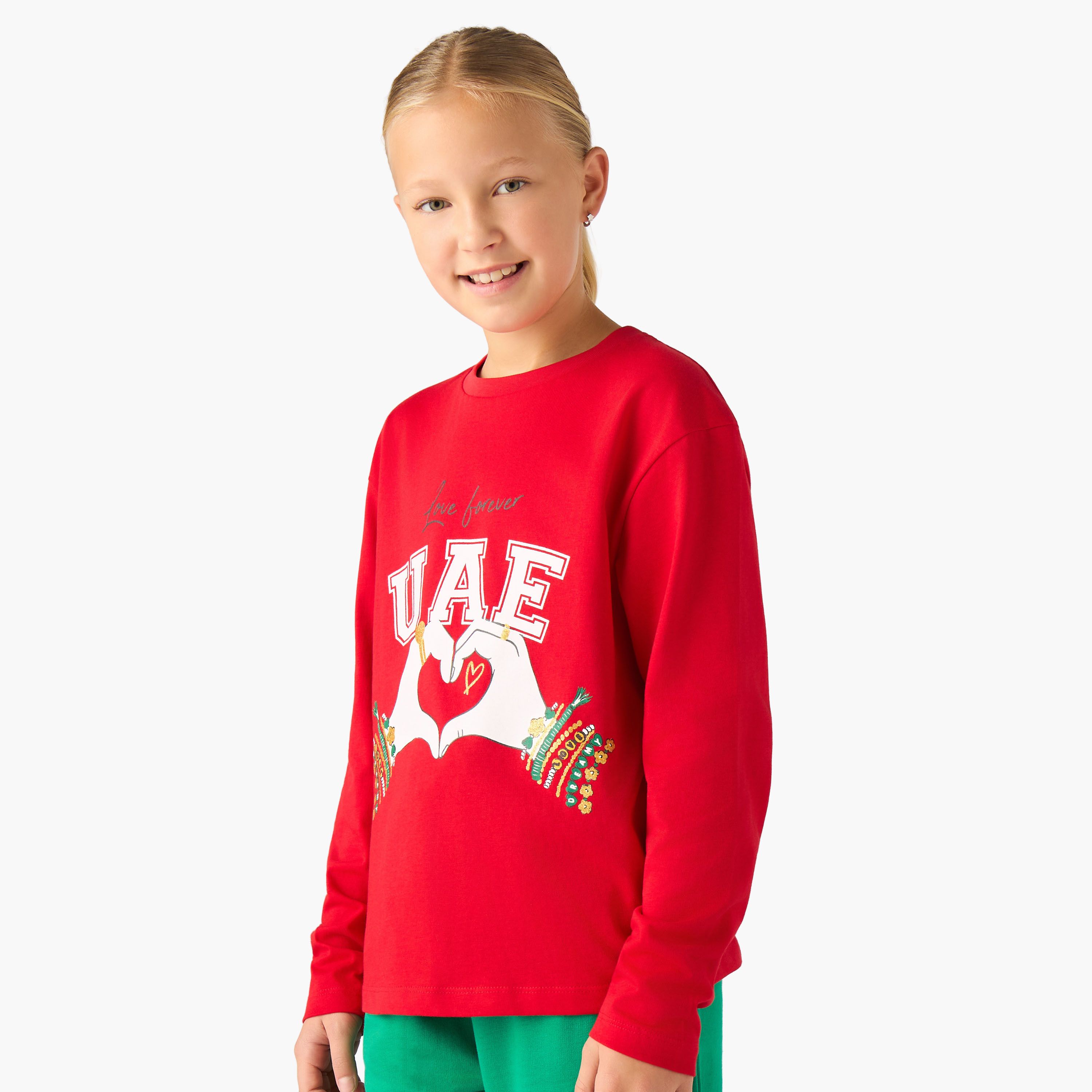 تيشيرت بناتي قطن بأكمام طويلة ورقبة ضيقة وطبعات من جونيورز-girls-clothing-tshirts-image-1
