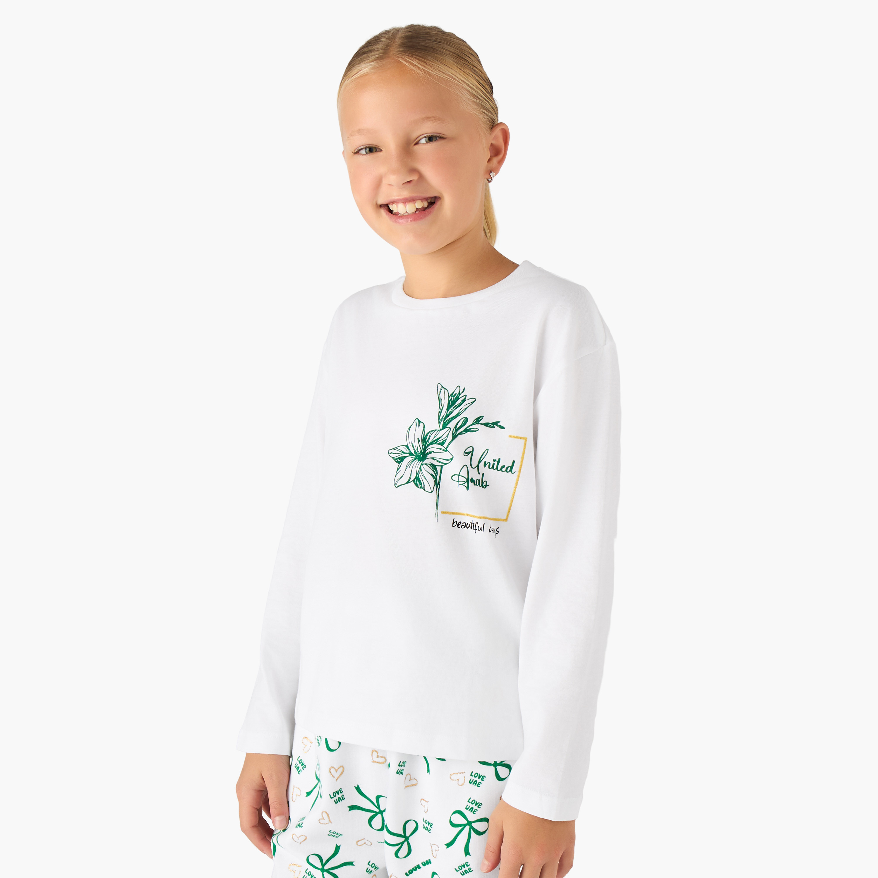 Juniors Girls Crew Neck T-shirt with UAE National Day Print - Cotton - Long Sleeves-girls-clothing-tshirts-image-1