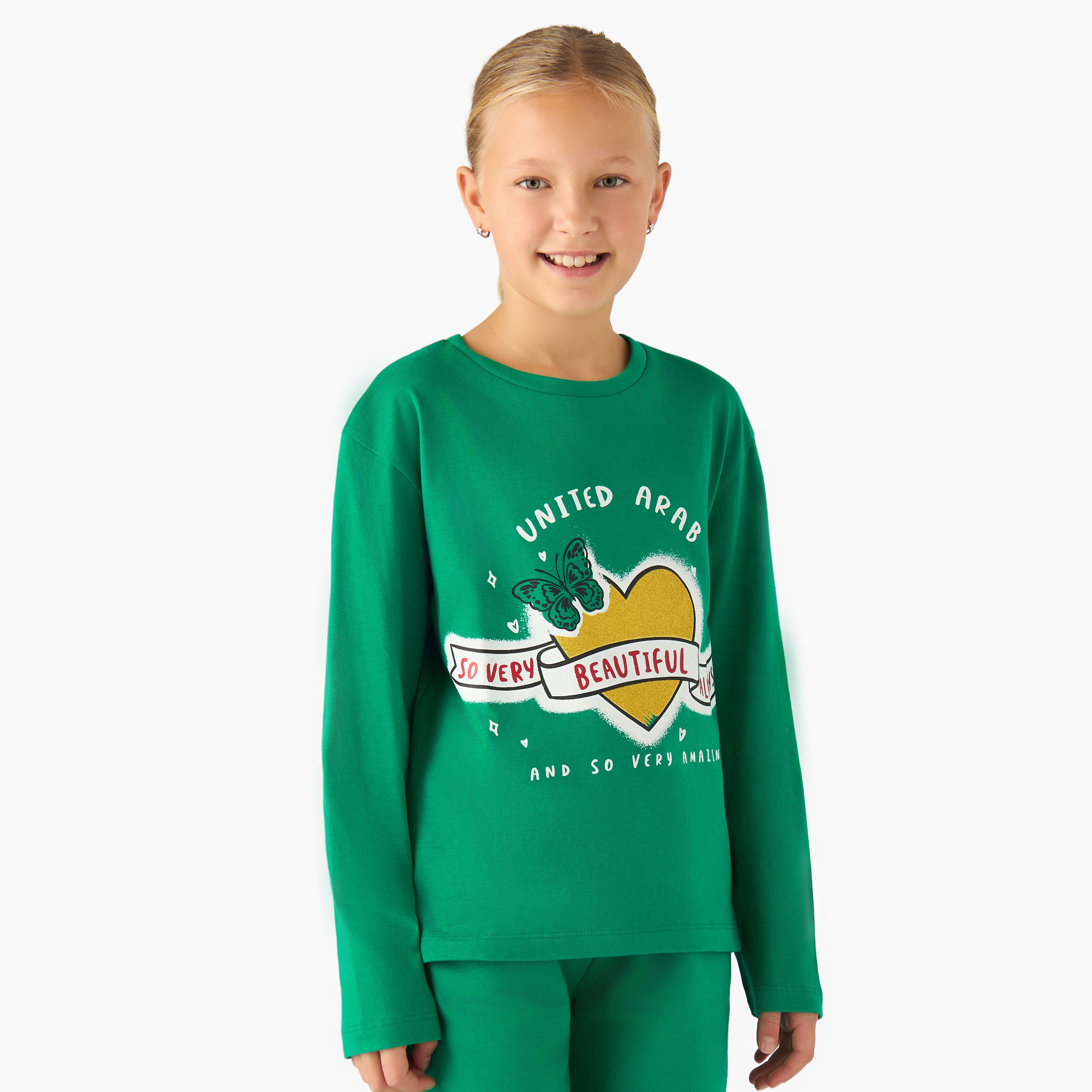Juniors Girls Crew Neck T-shirt with UAE National Day Print - Cotton - Long Sleeves-girls-clothing-tshirts-image-1