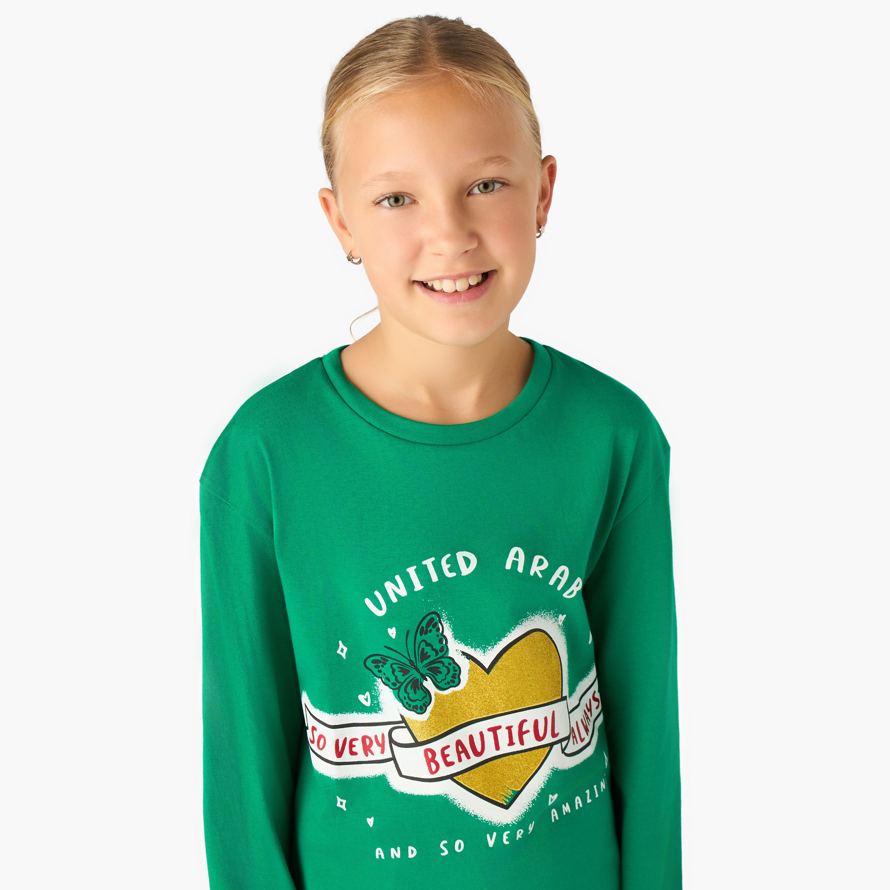 Juniors Girls Crew Neck T-shirt with UAE National Day Print - Cotton - Long Sleeves-girls-clothing-tshirts-image-4