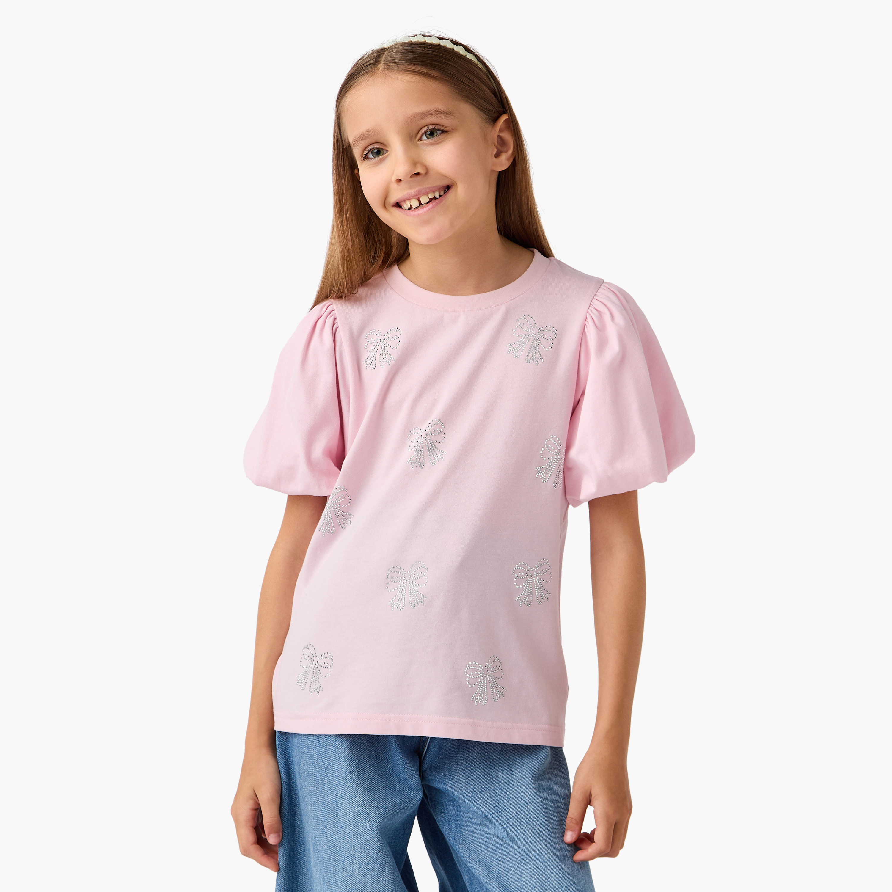 Juniors Embellished Top with Short Puff Sleeves-girls-clothing-tshirts-image-1