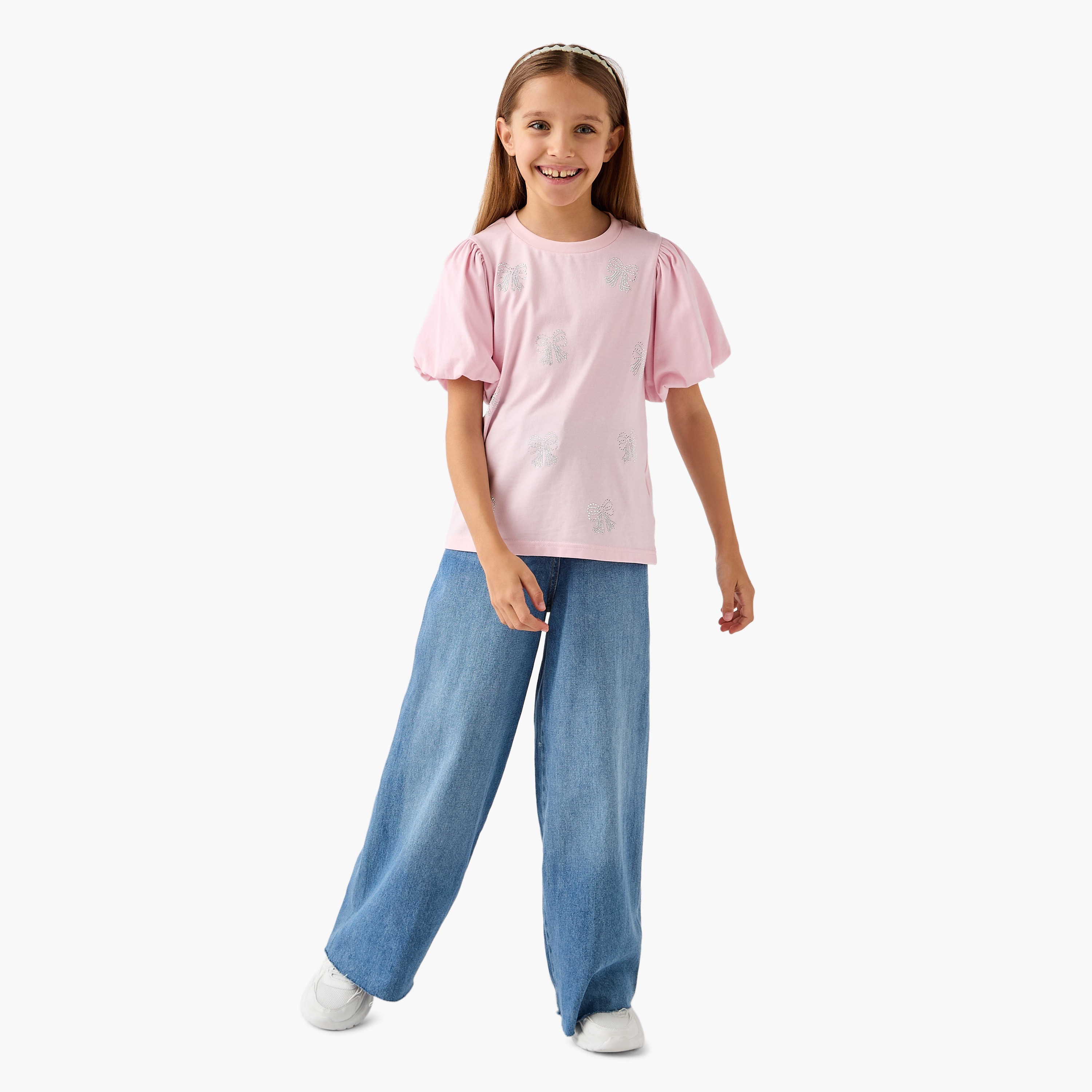 Juniors Embellished Top with Short Puff Sleeves-girls-clothing-tshirts-image-2