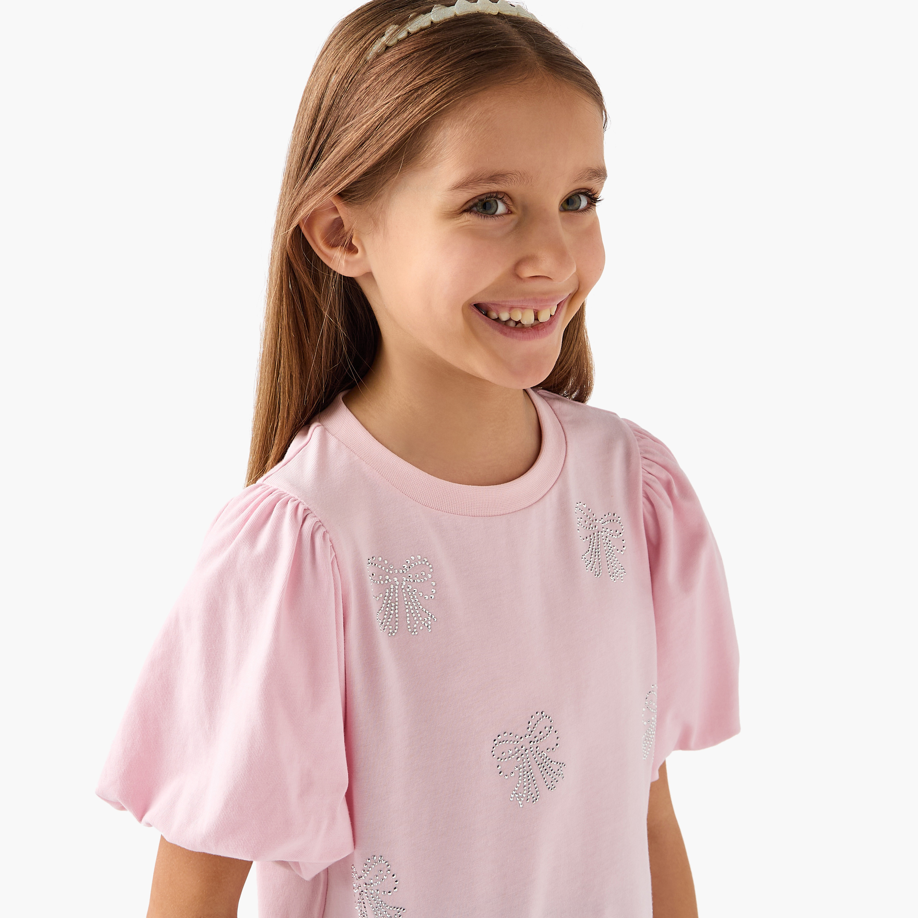 Juniors Embellished Top with Short Puff Sleeves-girls-clothing-tshirts-image-4